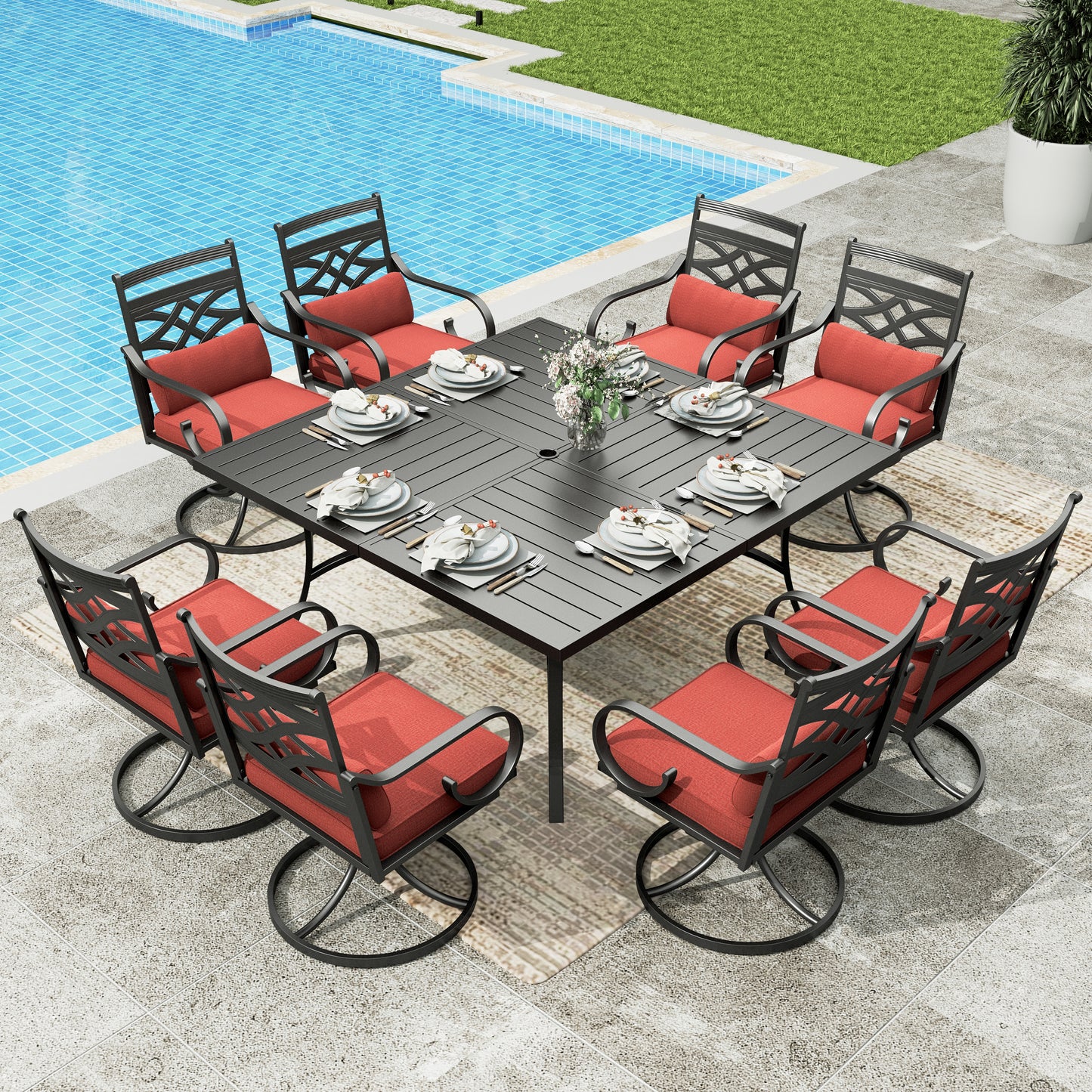Sophia & William 7 Piece Outdoor Patio Dining Set 60  Rectangular Table and Metal Cushioned Chairs Furniture Set for 8, Red