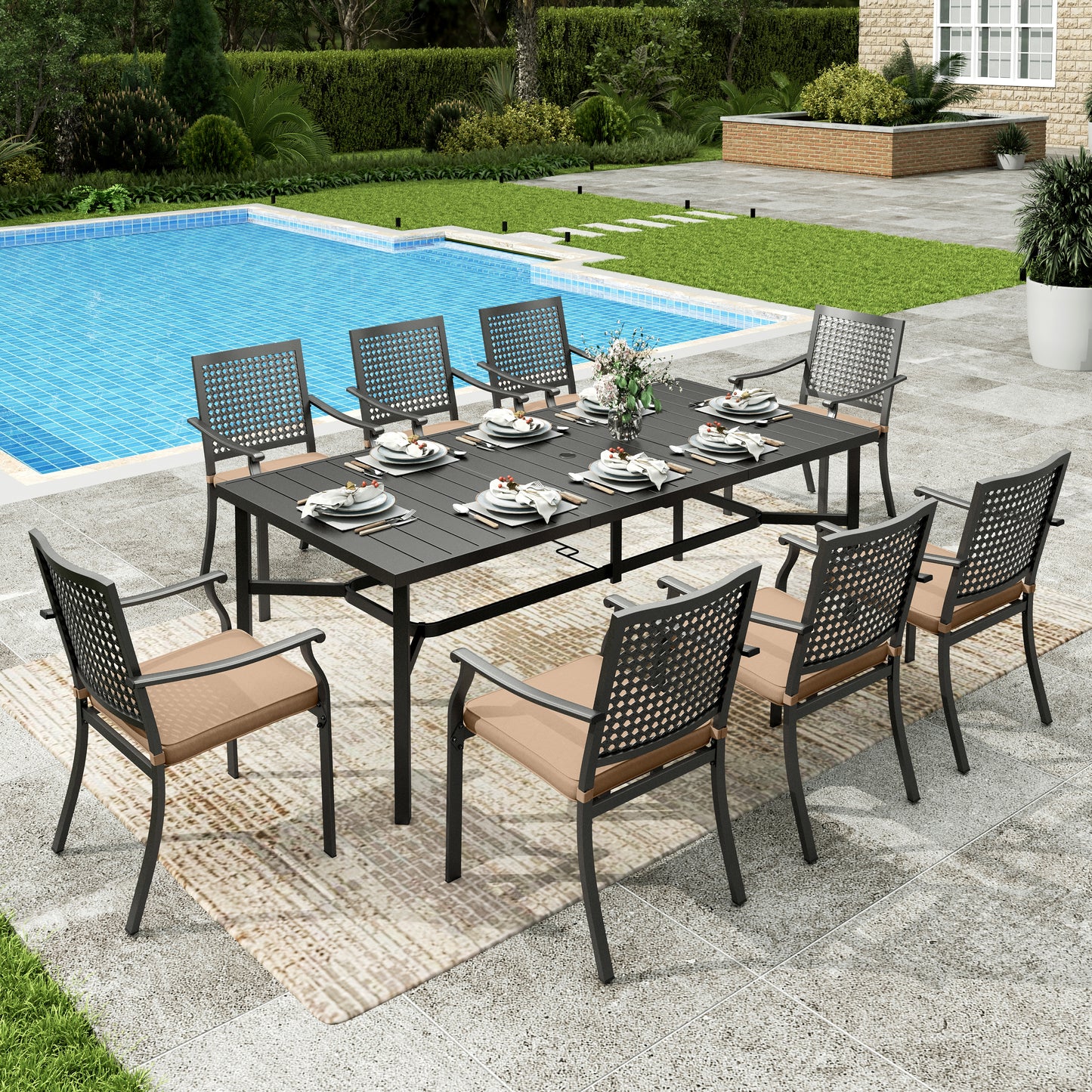 Sophia&William 9Pcs Patio Dining Set Outdoor Metal Cushioned Chairs and Rectangular Table Furniture Sets with 3.2inch  Padded Cushion for 8