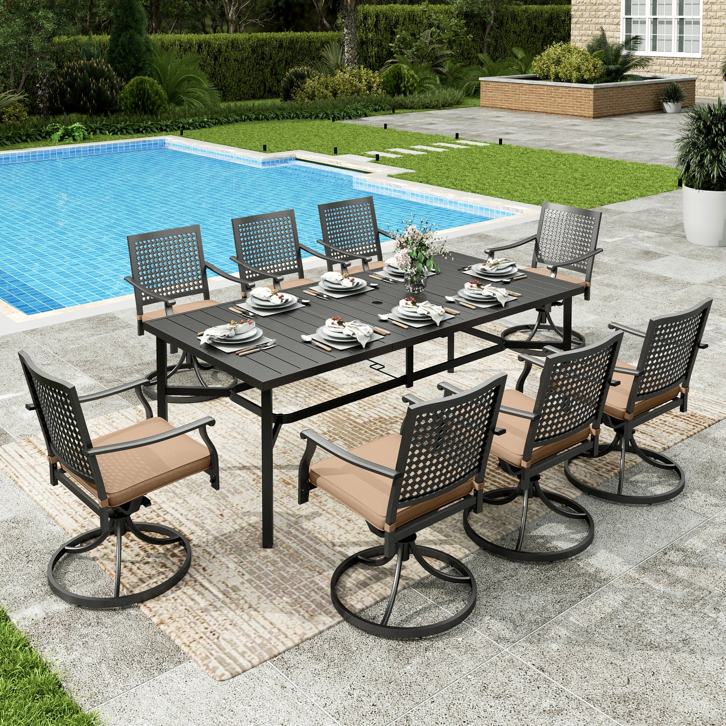 Sophia&William 9Pcs Patio Dining Set Outdoor Metal Swivel Chairs and Rectangular Table Furniture Sets with 3.2inch  Padded Cushion for 8