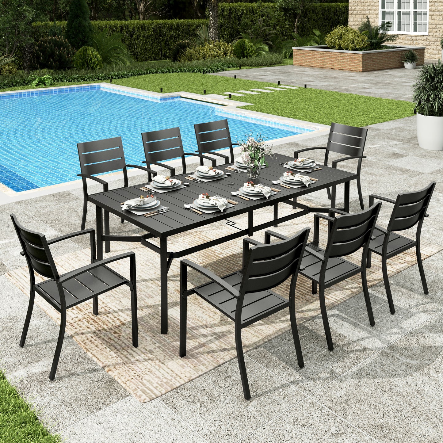 Sophia&William 9Pcs Patio Dining Set Outdoor Metal Stackable Chairs and Rectangular Table Furniture Sets for 8
