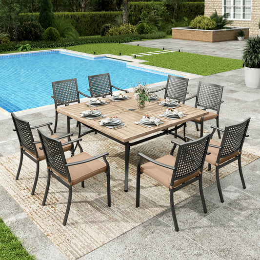Sophia&William 9Pcs Patio Dining Set Outdoor Metal Padded Cushioned Chairs and 57.5inch  Square Wooden-like Tabletop Table Furniture Sets with 3.2inch  Thick Beige Cushion for 8