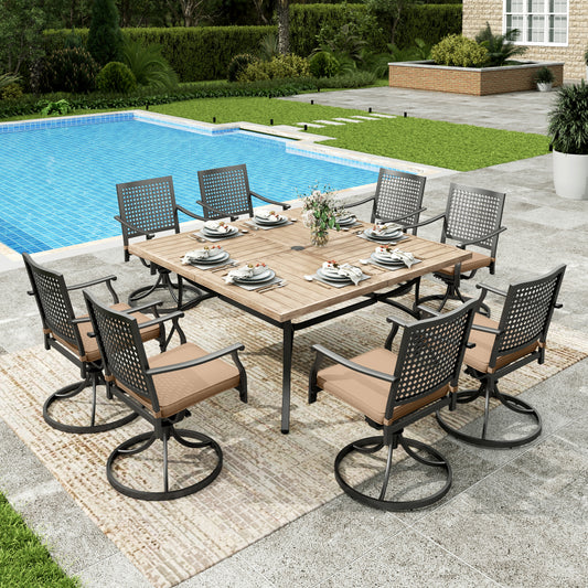 Sophia&William 9Pcs Patio Dining Set Outdoor Metal Padded Swivel Chairs and 57.5inch  Square Wooden-like Tabletop Table Furniture Sets with 3.2inch  Thick Beige Cushion for 8