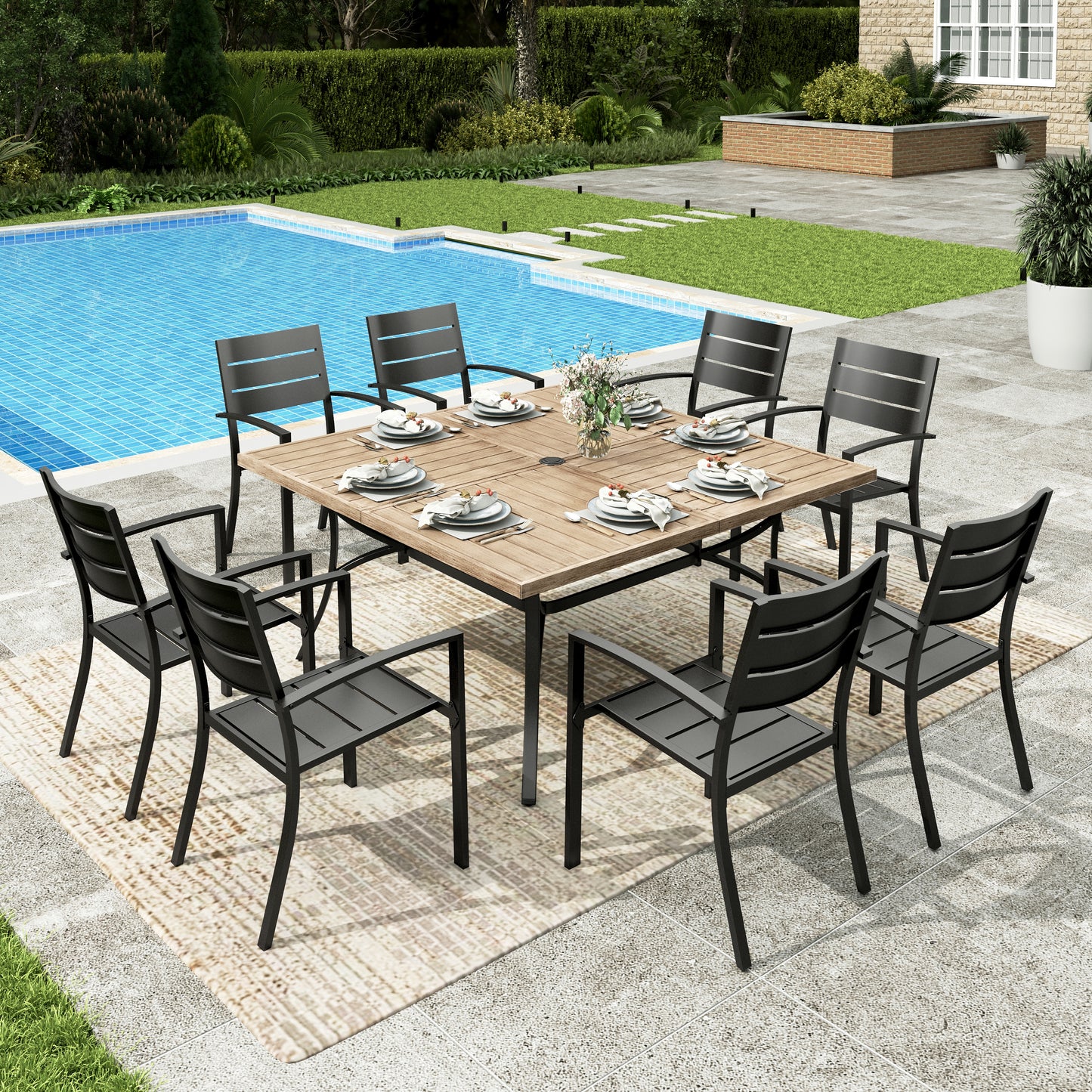 Sophia&William 9Pcs Patio Dining Set Outdoor Metal Stackable Chairs and 60Square Wooden-like Tabletop Table Furniture Sets for 8