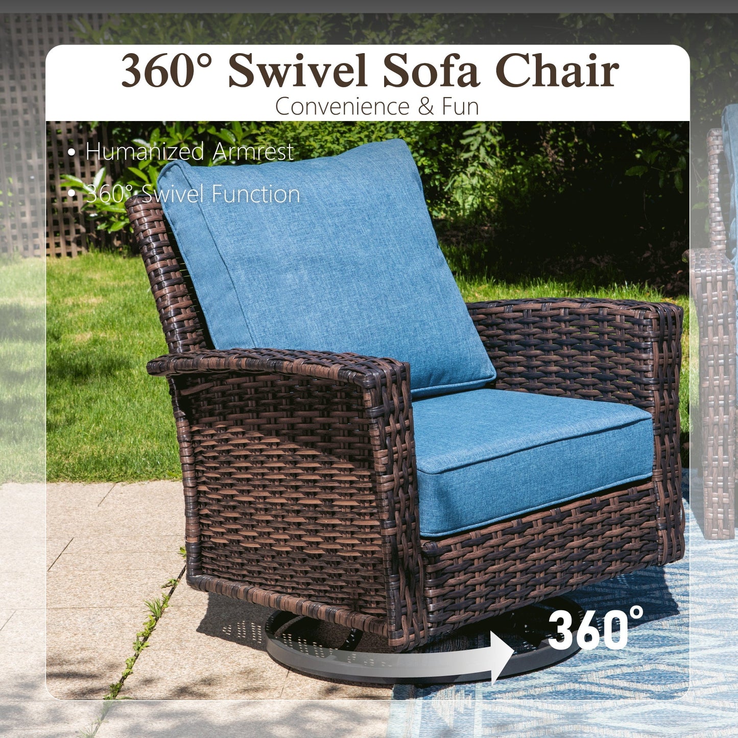 Sophia & William Outdoor Patio Wicker Swivel Chairs Set of 2 with 5.5" Thick Cushions, Navy Blue