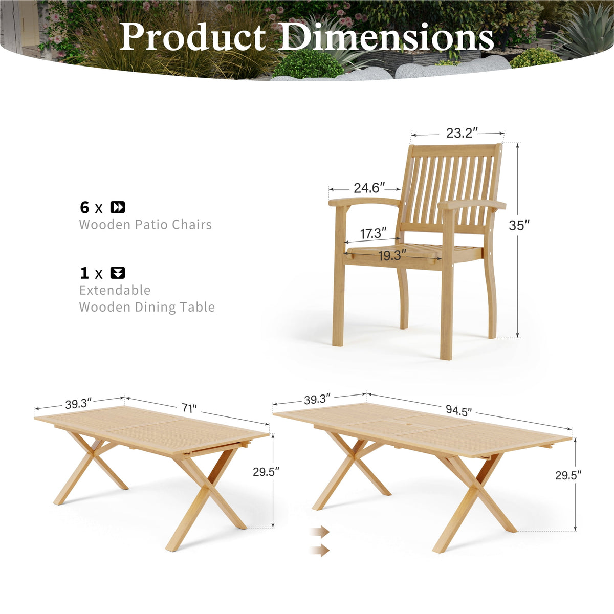 Sophia & William 7 Pieces Acacia Wood Outdoor Patio Dining Set Expandable Table and Patio Chairs Natural Wood for Lawn, Garden, Backyard