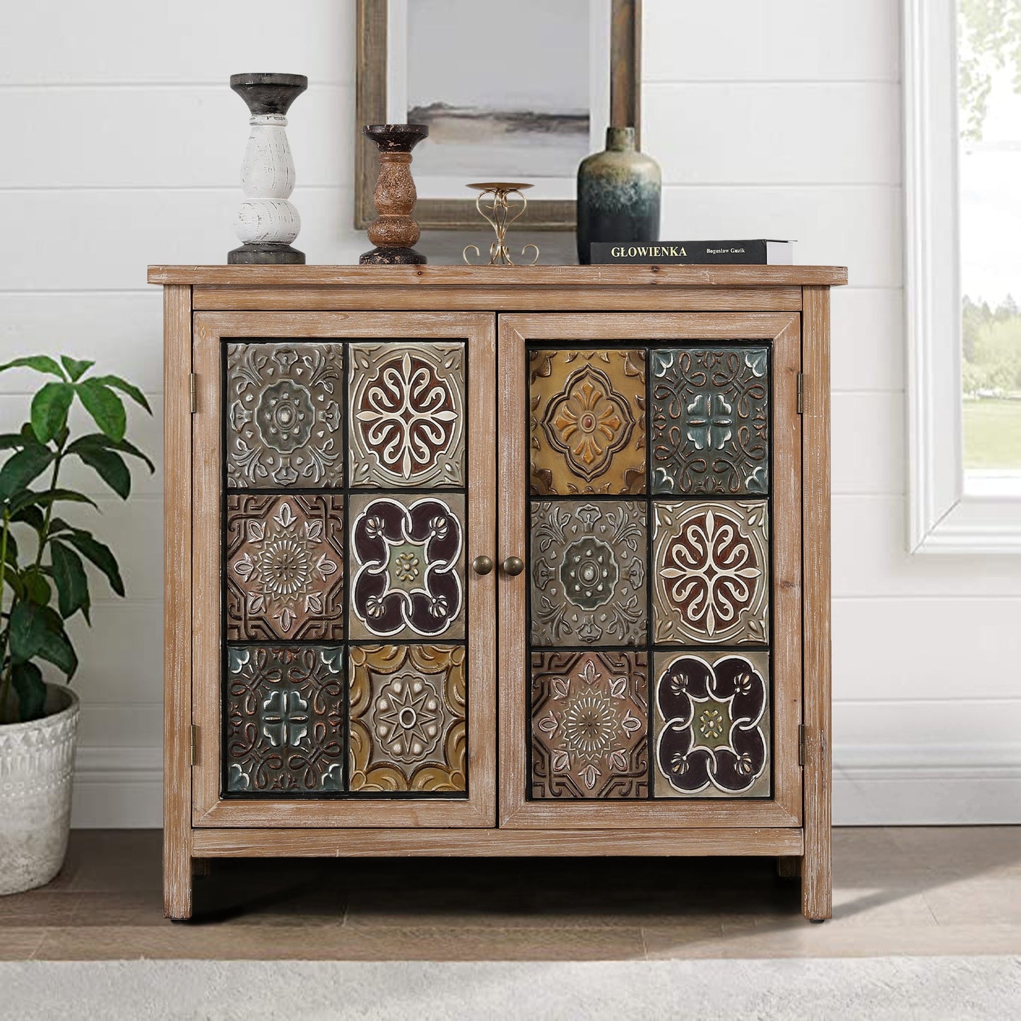 Alpha Joy 2-Door Accent Distressed Cabinet with Large Interior Storage, Retro Storage Cabinet with 2 Doors & Wood Frame, Checkered Patterns for Living Room, Entryway