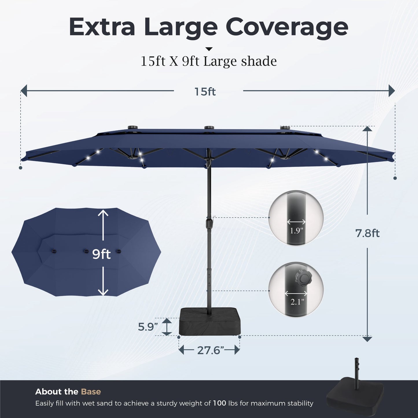 Alpha Joy 15ft Extra Large Outdoor Patio Umbrella Double-Sided Ventilation Umbrella with Led Lights & Umbrella Base, Navy Blue