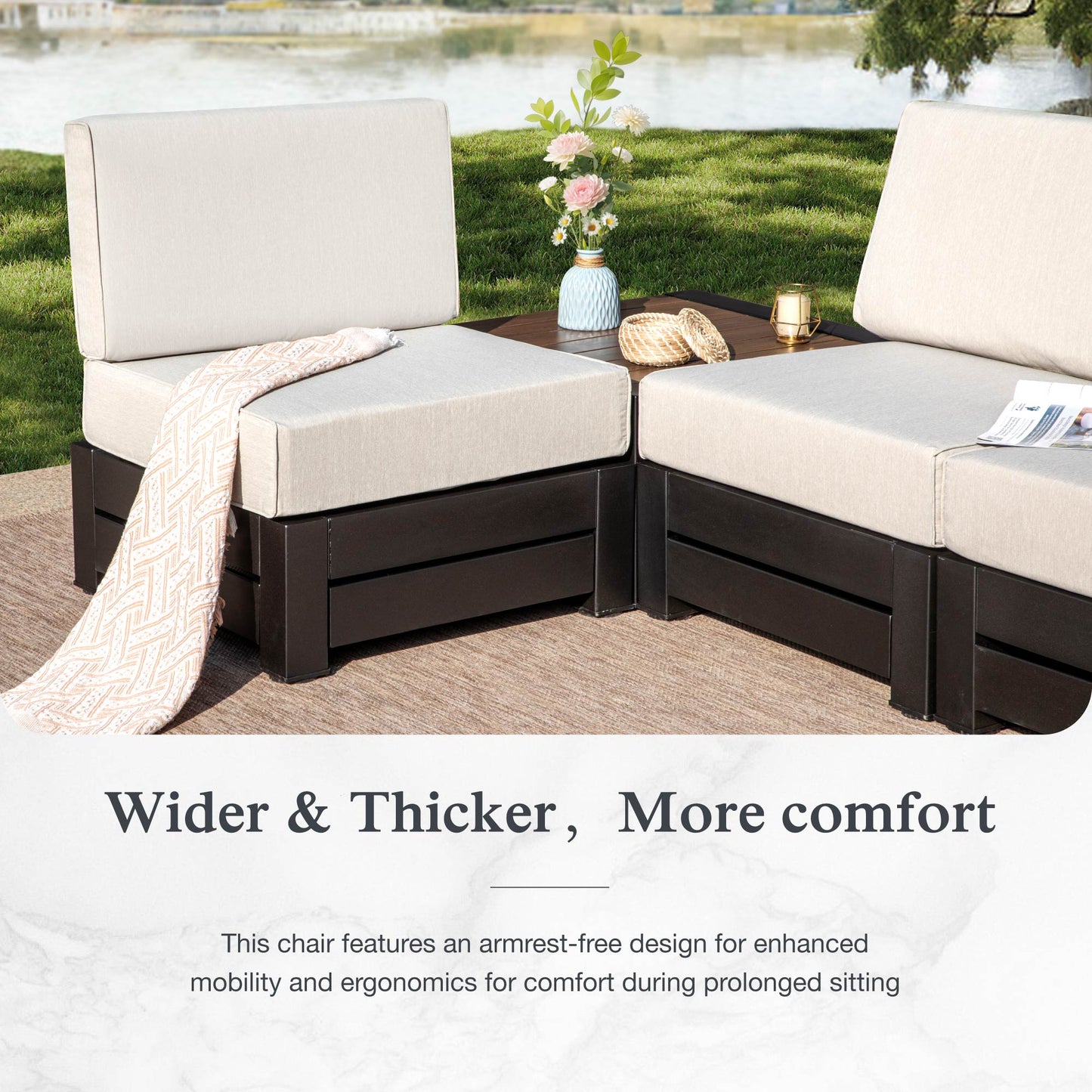 Sophia & William 4Pcs Patio Outdoor Furniture Set Sectional Armless Conversation Set with Woodgrain Side Table, Beige