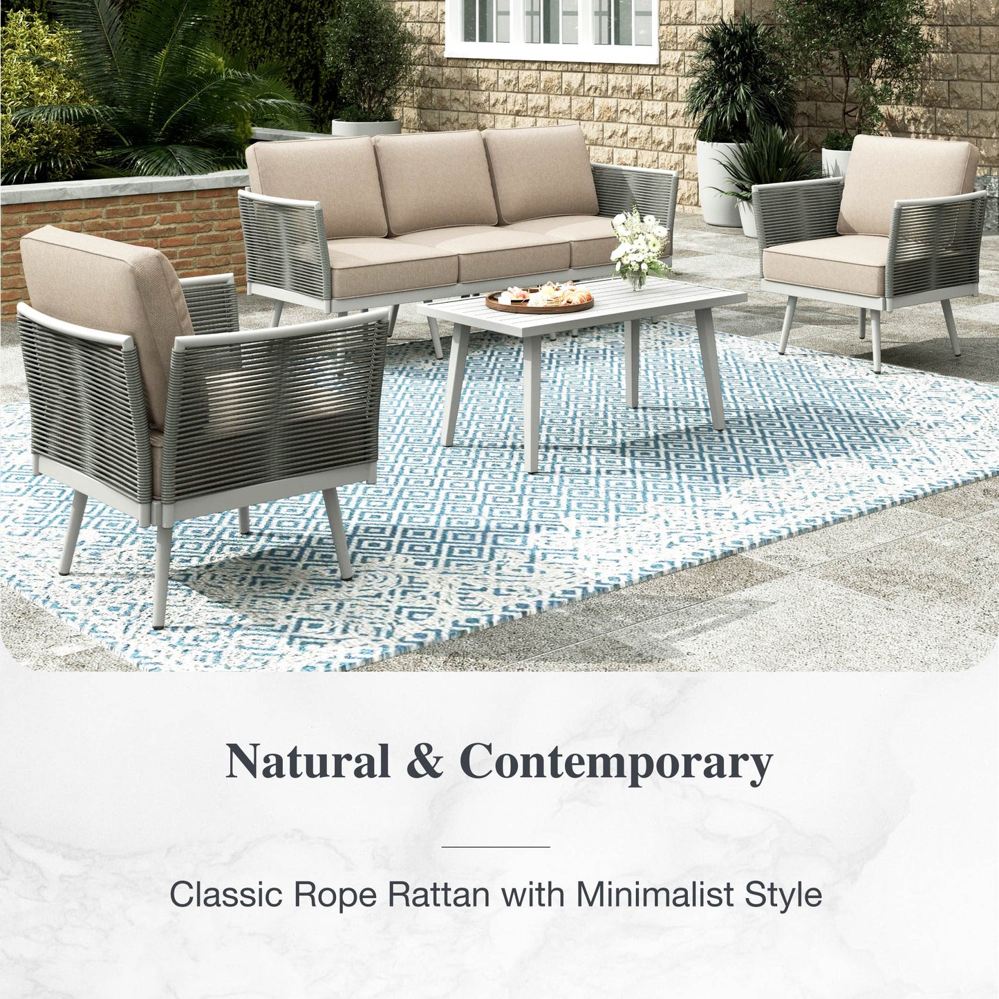 Sophia & William 4 Pieces Outdoor Patio Furniture Set 5-Seat Wicker Metal Patio Conversation Sofa Set with Classic Rope Rattan Style, Beige
