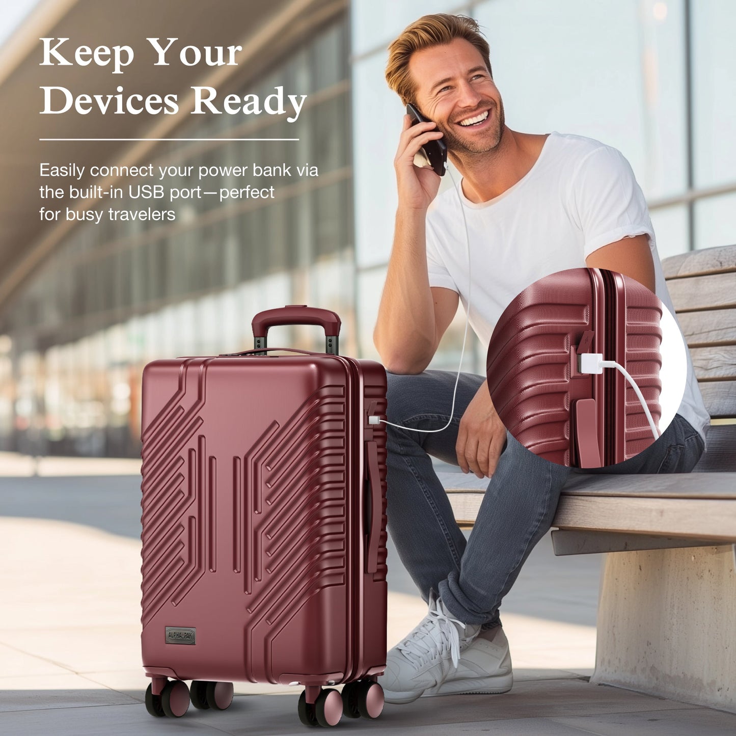 Alpha Joy Hard-shell ABS+PC Rolling Luggage 20" Carry-on Luggage with USB Port, Ruby