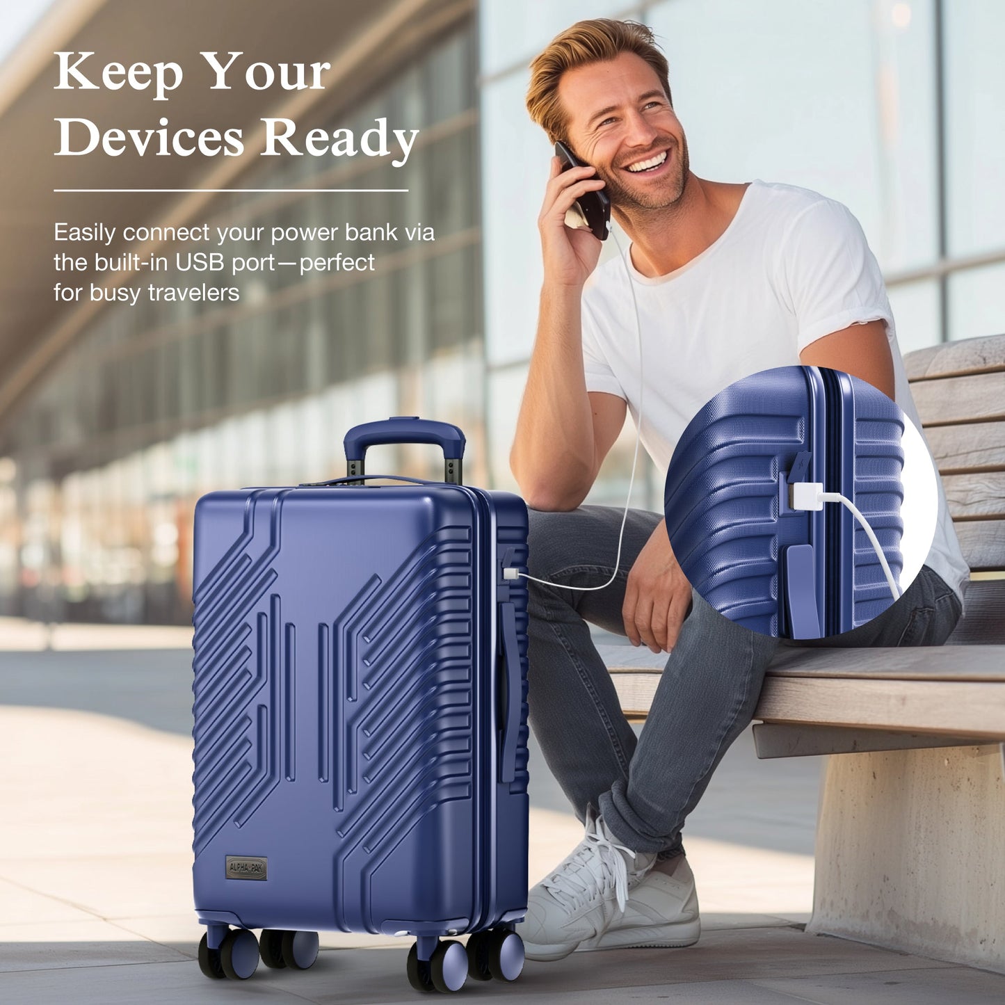Alpha Joy Hard-shell ABS+PC Rolling Luggage 20" Carry-on Luggage with USB Port, Navy
