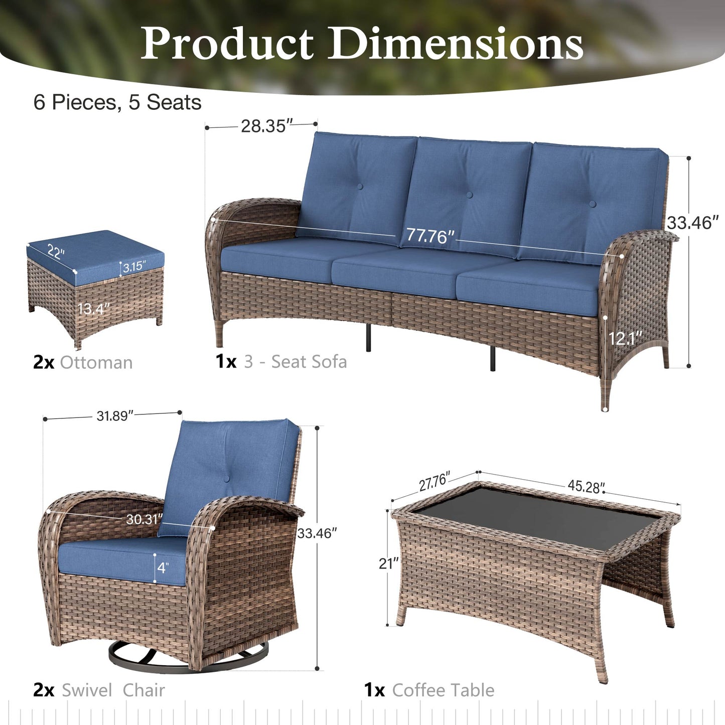 Sophia & William 6 Pieces Outdoor Patio Furniture Set 7-Seat Wicker Outdoor Conversation Sofa Set with Swivel Glider & 2 Ottomans, Navy