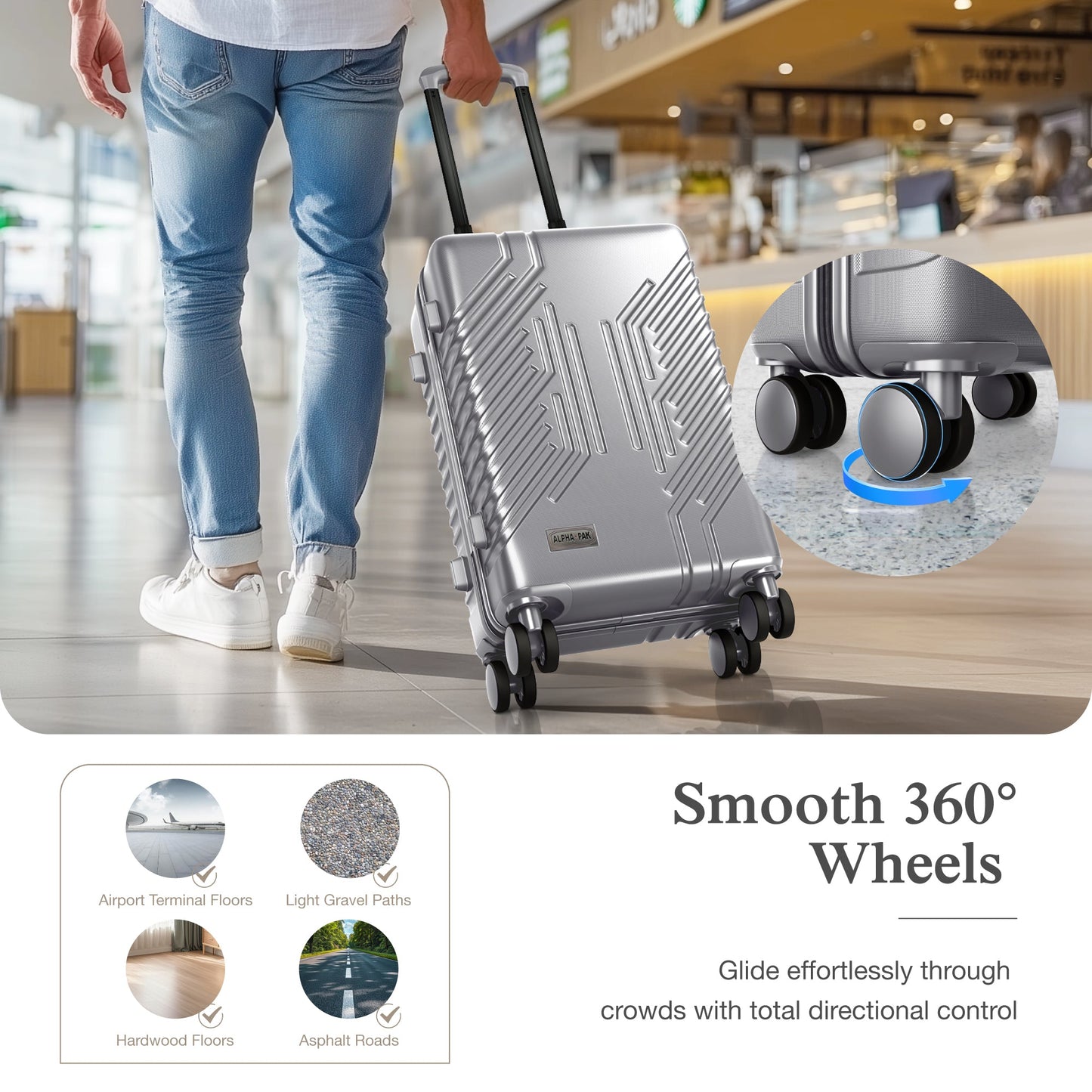 Alpha Joy Hard-shell ABS+PC Rolling Luggage 20" Carry-on Luggage with USB Port, Silver