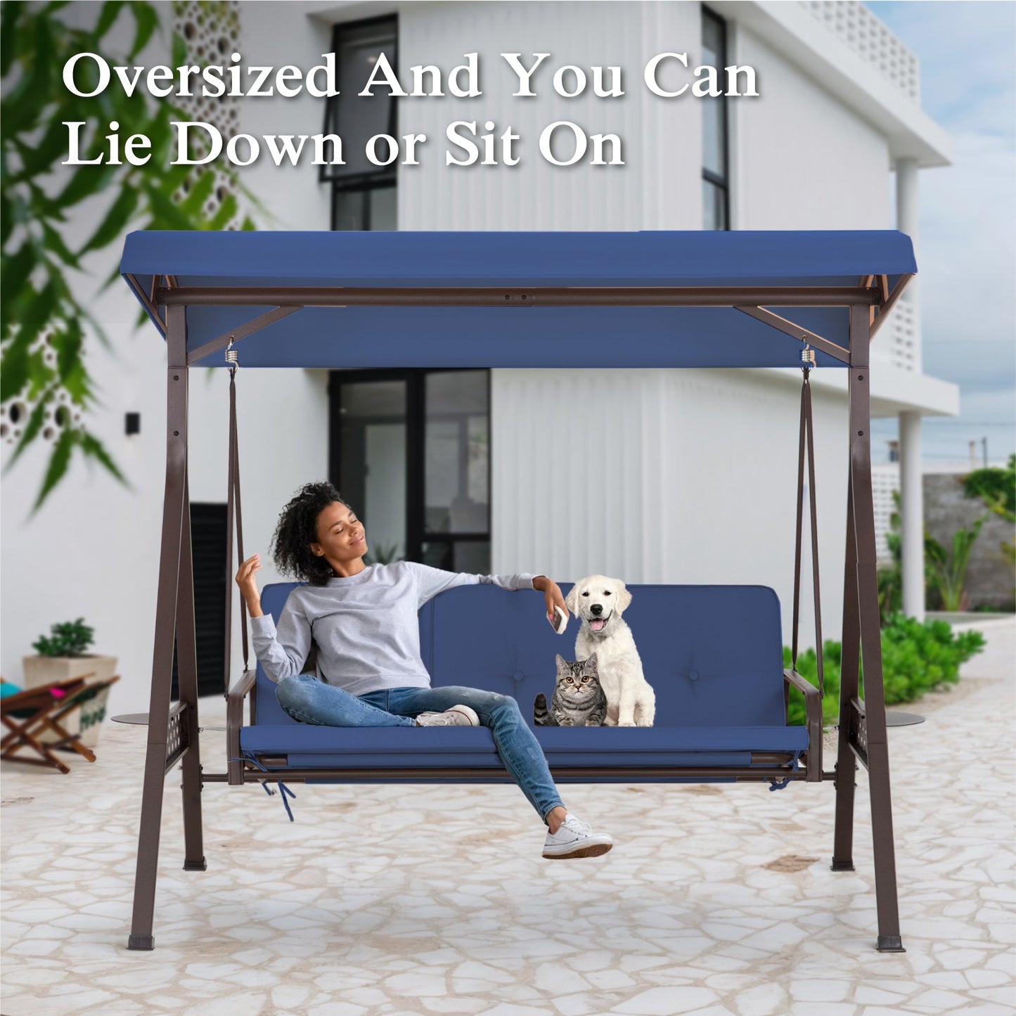 3-Seat Outdoor Converting Canopy Swing Glider Patio Hammock with Side Table - Beige