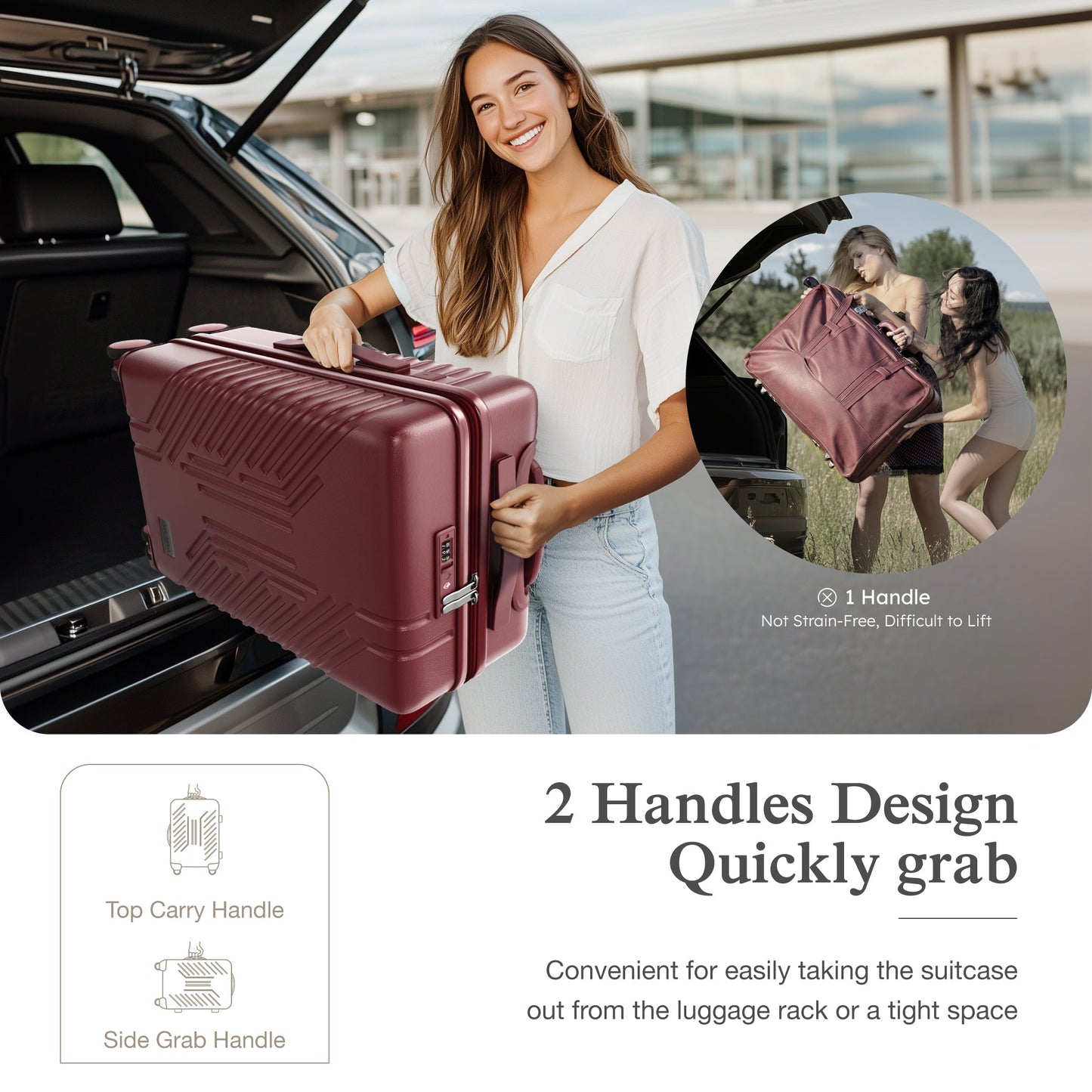 Alpha Joy Hard-shell ABS+PC Rolling Luggage 20" Carry-on Luggage with USB Port, Ruby