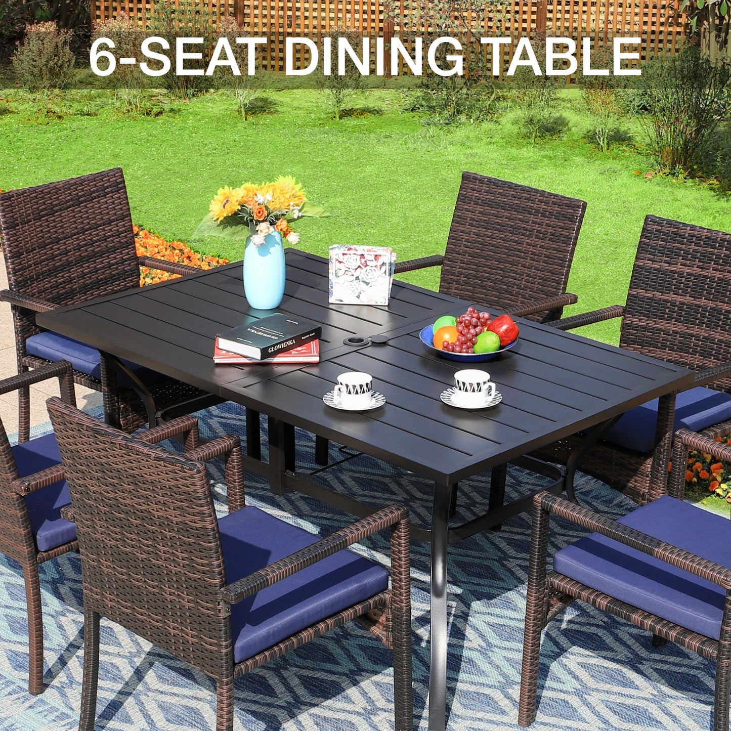 Alpha Joy 7-Piece Outdoor Patio Dining Set Wicker Rattan Chairs and Steel Table