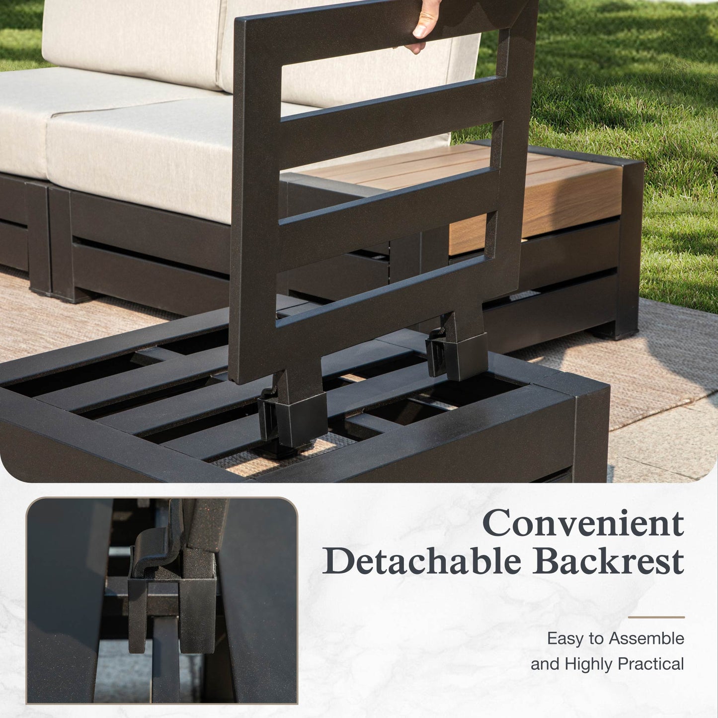 Sophia & William 4Pcs Patio Outdoor Furniture Set Sectional Armless Conversation Set with Woodgrain Side Table, Beige