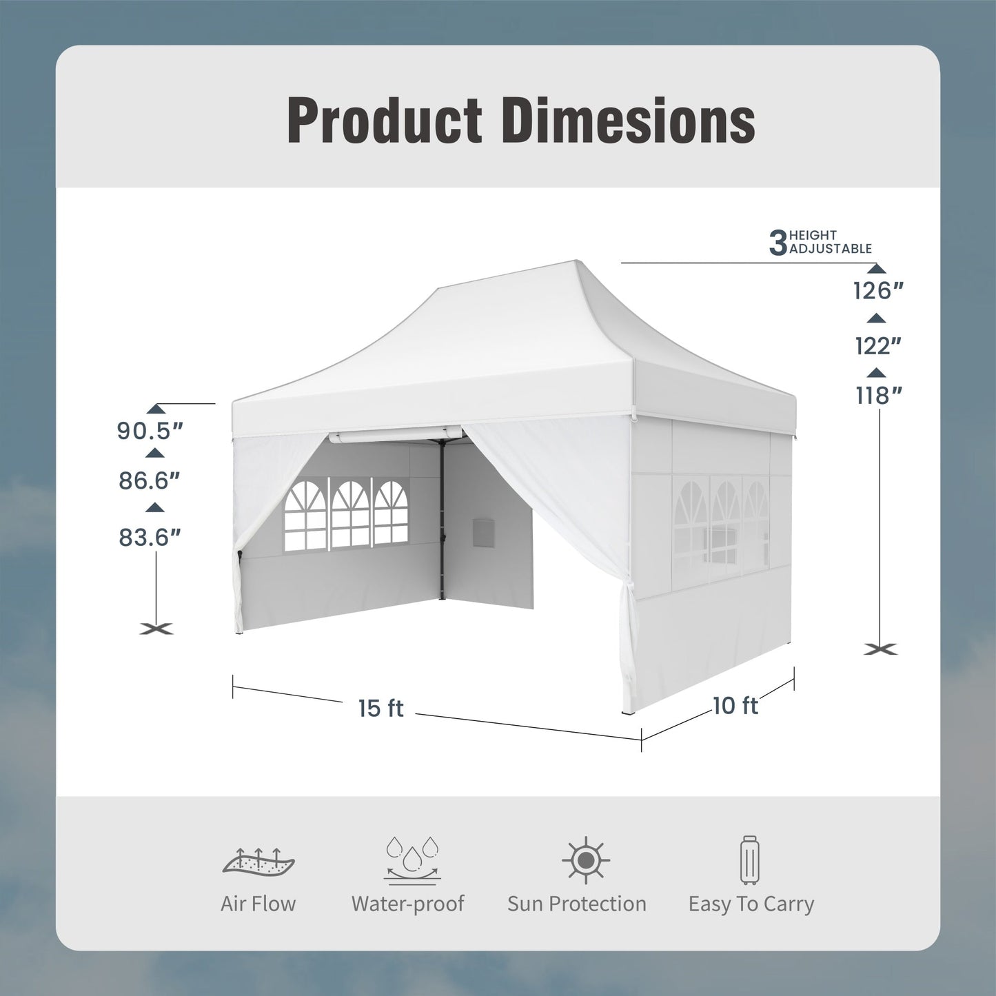 10'x 15' Easy Setup Pop Up Canopy with 4 Removable Sidewalls & Carrying Bag,4 Weight Bags - White