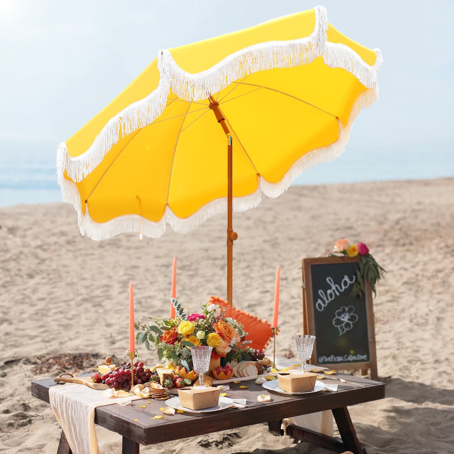 Alpha Joy 7FT Outdoor Parasol Beach Umbrella Fiberglass Ribs Umbrella with Tassel, Yellow