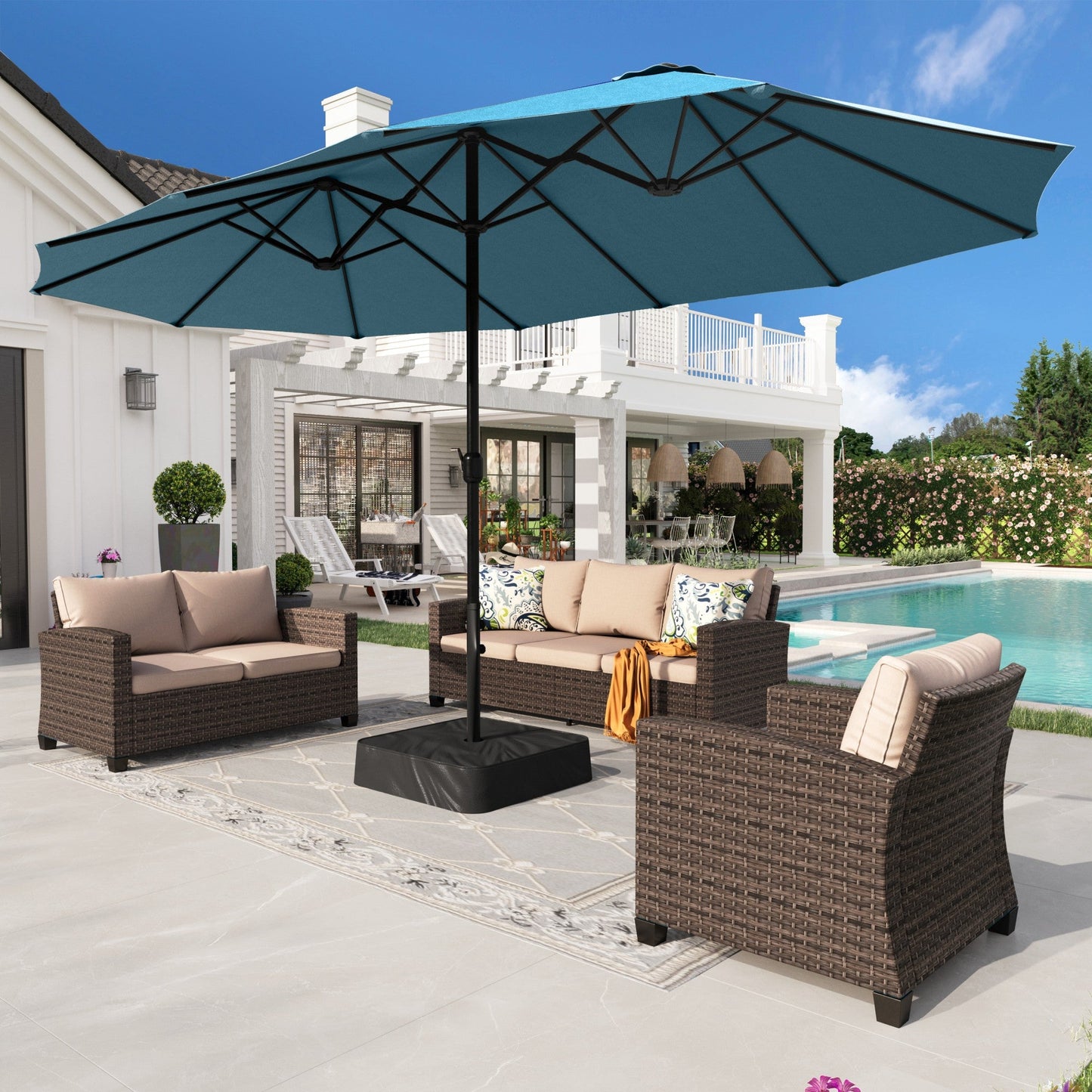 Alpha Joy 15ft Outdoor Patio Umbrella Extra-Large Double-Sided Garden Umbrella with Crank Handle and Base - Cerulean