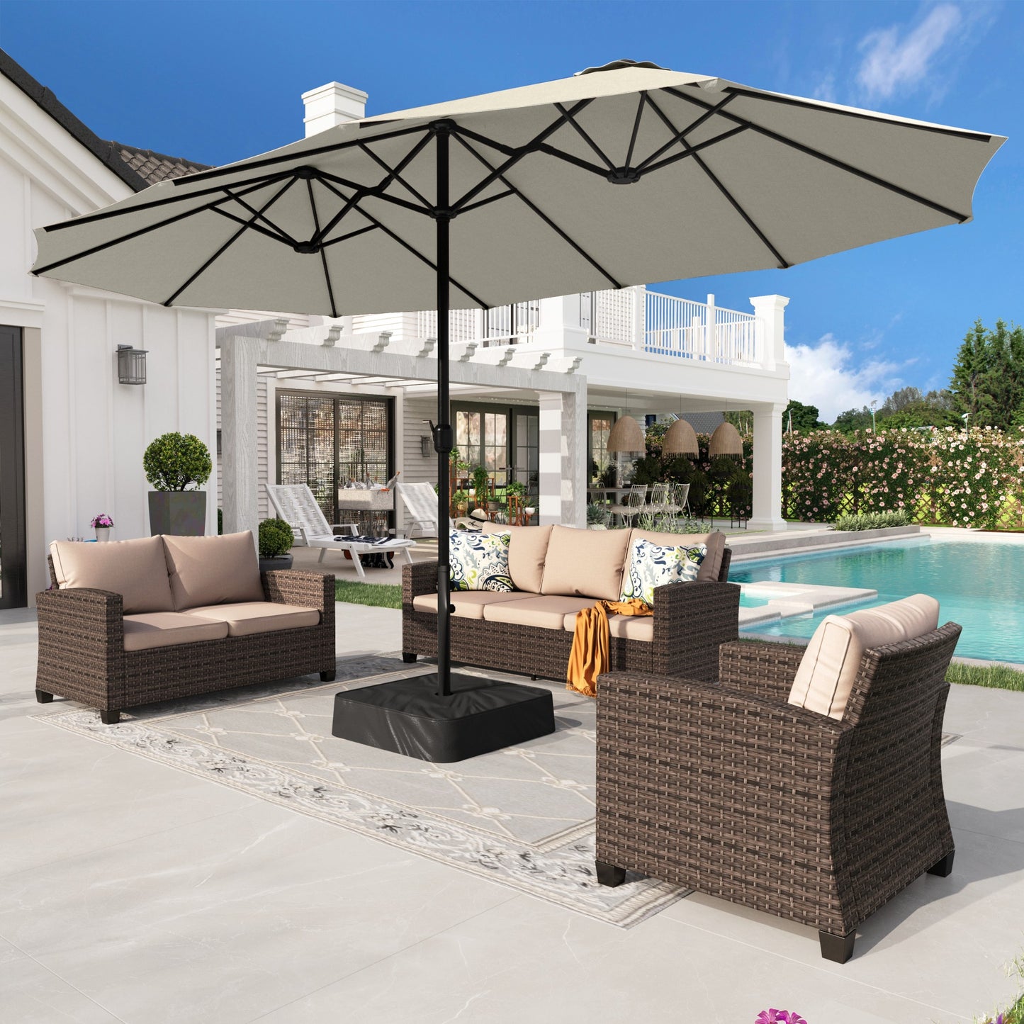 Alpha Joy 15ft Outdoor Patio Umbrella Extra-Large Double-Sided Garden Umbrella with Crank Handle and Base - Ivory