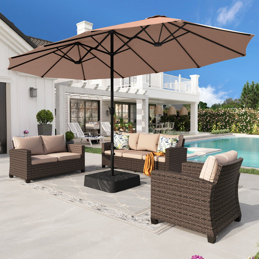 Alpha Joy 15ft Outdoor Patio Umbrella Extra-Large Double-Sided Garden Umbrella with Crank Handle and Base - Beige