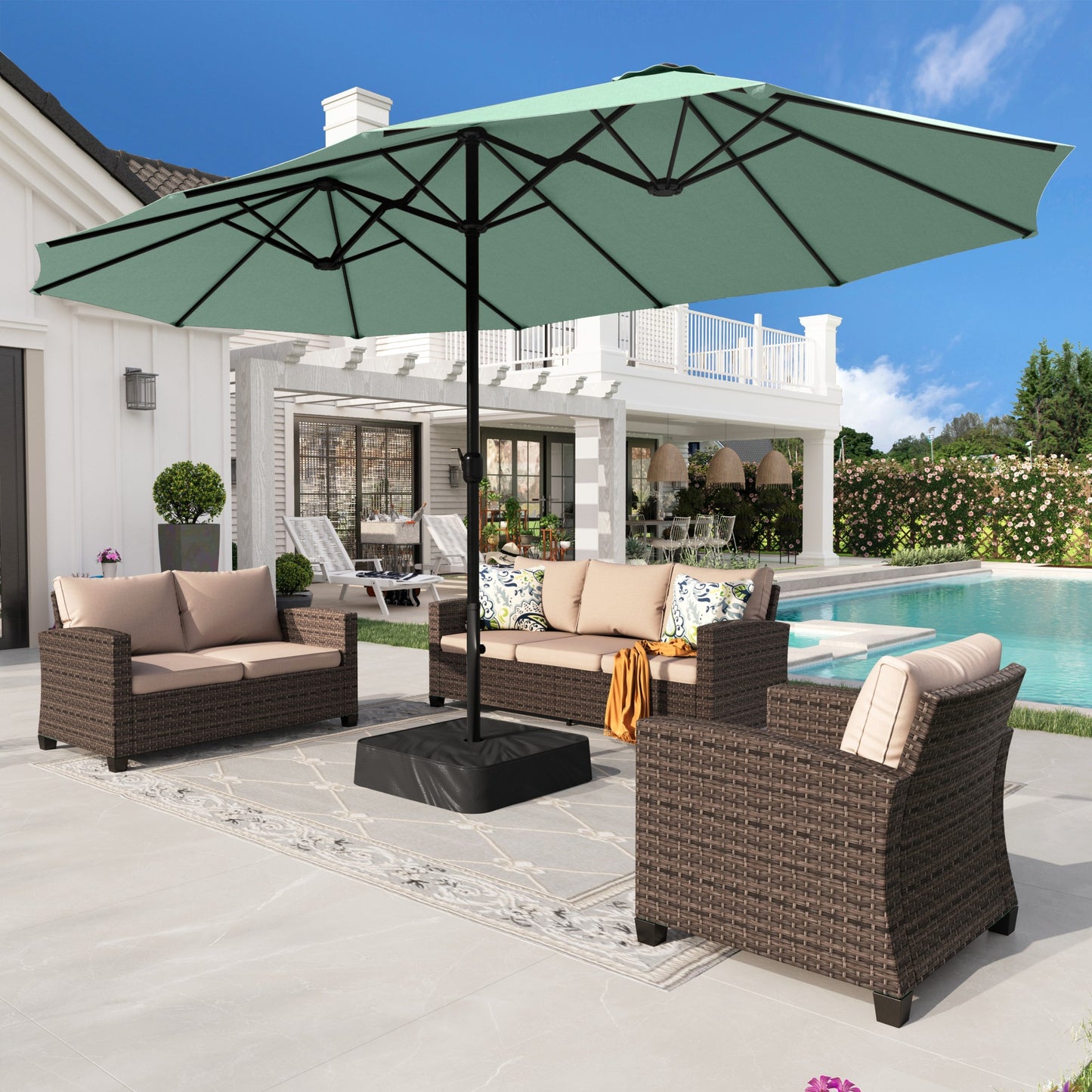 Alpha Joy 15ft Outdoor Patio Umbrella Extra-Large Double-Sided Garden Umbrella with Crank Handle and Base - Mint