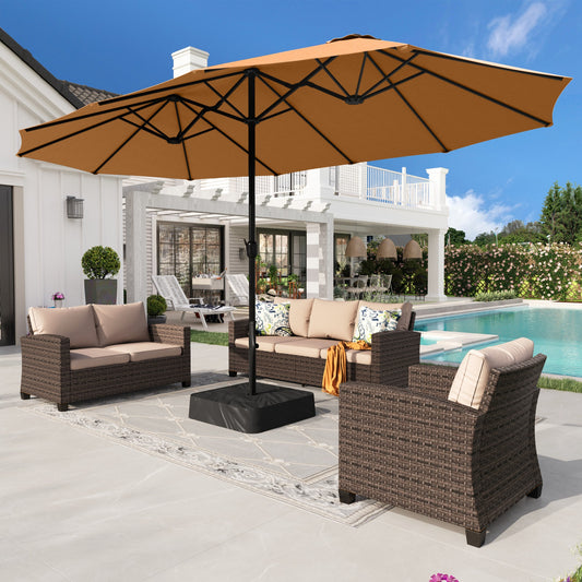 Alpha Joy 15ft Outdoor Patio Umbrella Extra-Large Double-Sided Garden Umbrella with Crank Handle and Base - Tawny