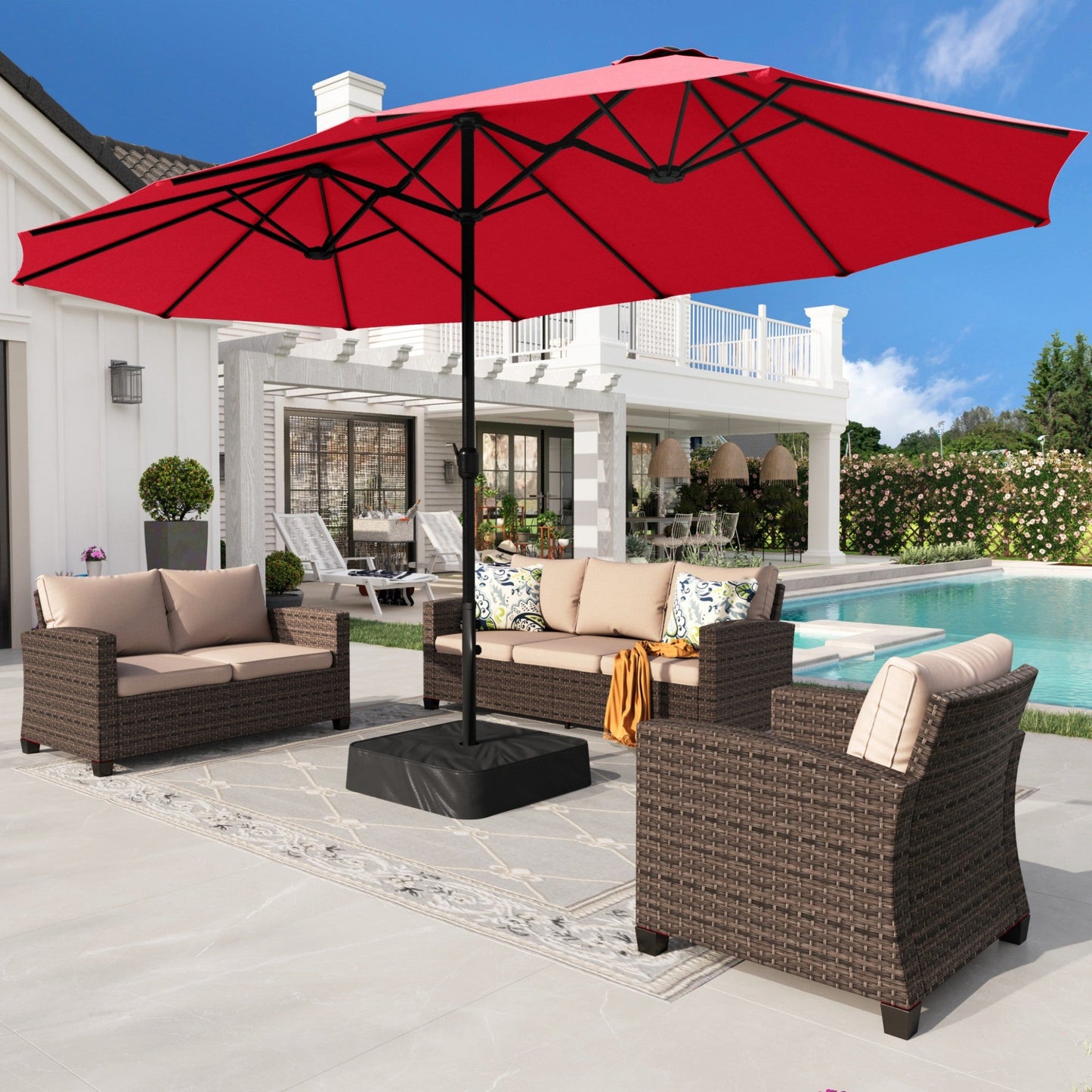 Alpha Joy 15ft Outdoor Patio Umbrella Extra-Large Double-Sided Garden Umbrella with Crank Handle and Base - Burgundy