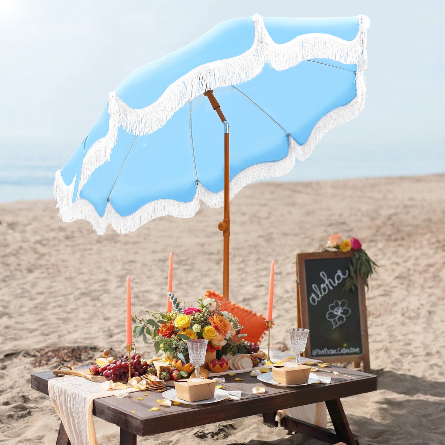 Alpha Joy 7FT Outdoor Parasol Beach Umbrella Fiberglass Ribs Umbrella with Tassel, Sky Blue