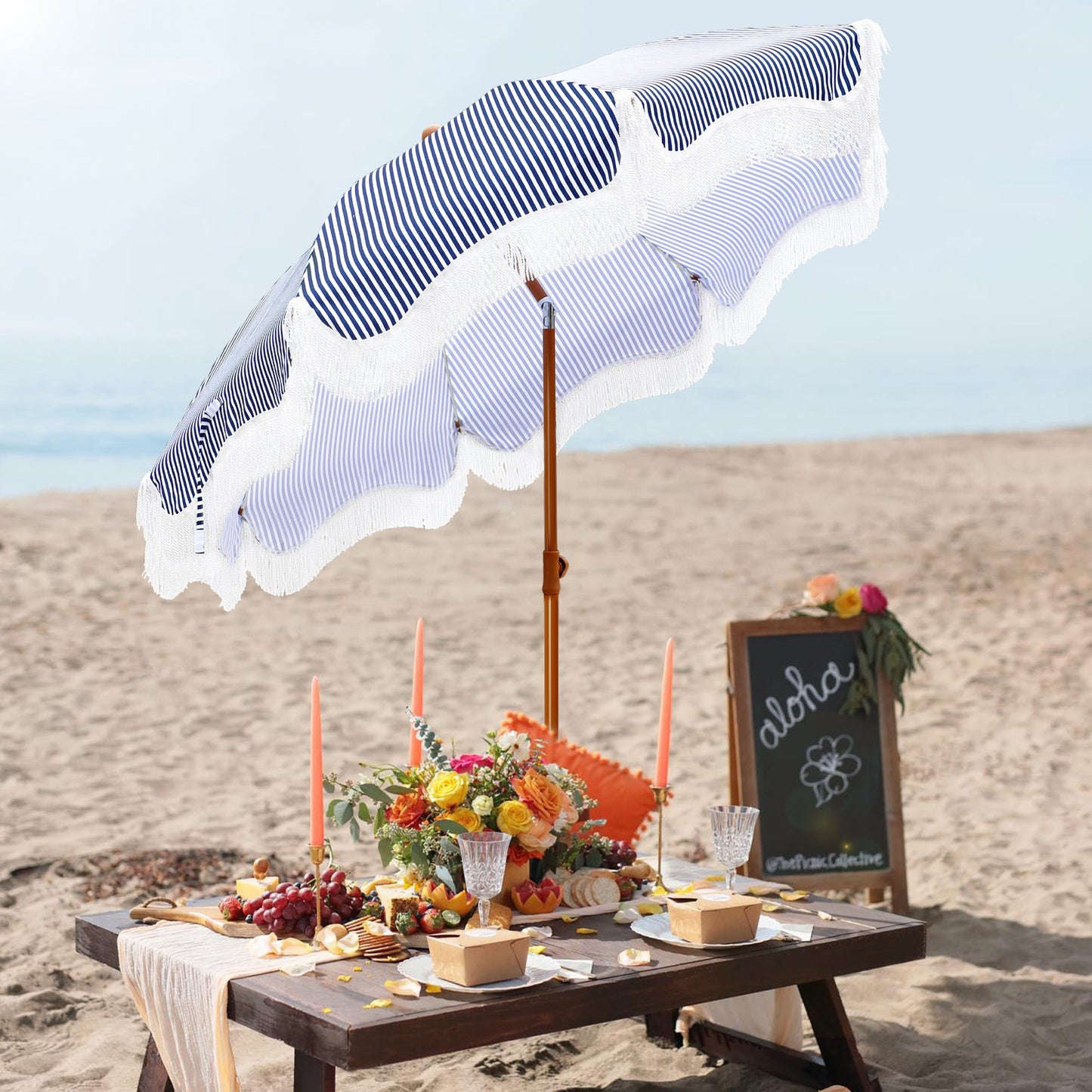 Alpha Joy 7FT Outdoor Parasol Beach Umbrella Fiberglass Ribs Umbrella with Tassel, Navy Blue Strips