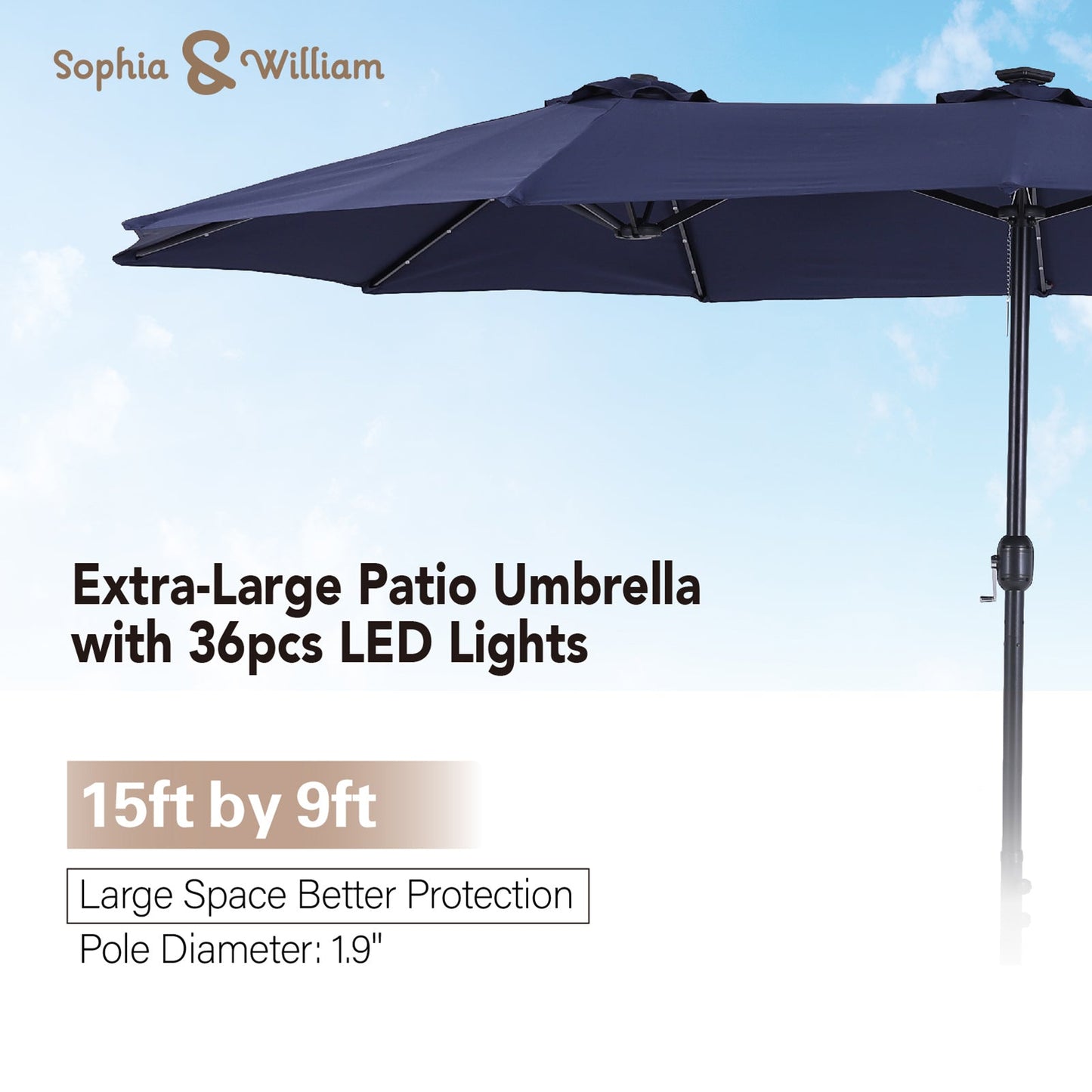 Sophia & William 15ft Patio Umbrella with Lights (Base Included), Extra Large Outdoor Double-sided Umbrella, Navy