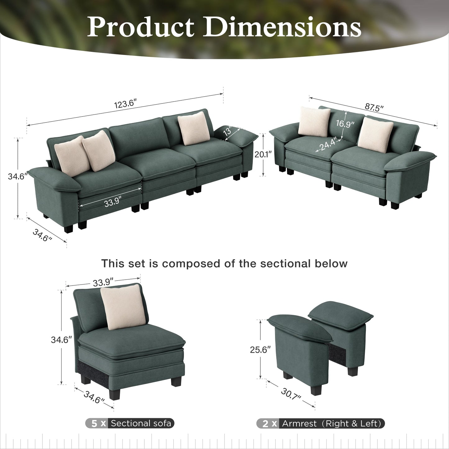 Sophia&William Convertible Sectional Sofa Couch, Modern Chenille Couch 5-Seat Deep Sofa Modular Sectional with 5 Pilliows for Living Room,Green