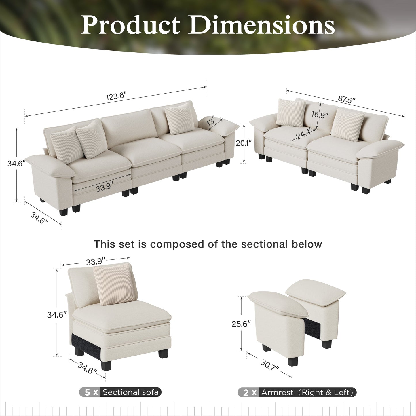 Sophia&William Convertible Sectional Sofa Couch, Modern Chenille Couch 5-Seat Deep Sofa Modular Sectional with 5 Pilliows for Living Room,White