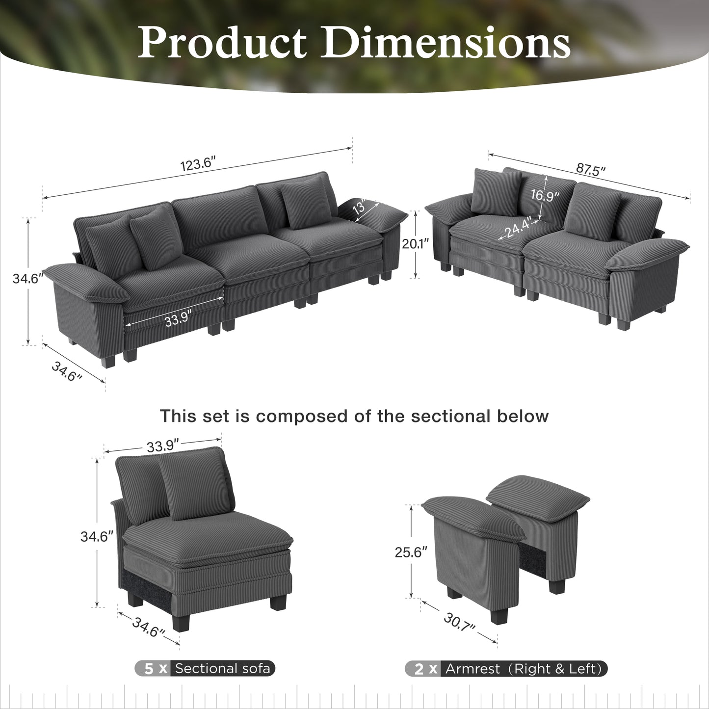Sophia&William Sectional Sofa Sets, Oversized Cloud Couch Sofa Set 5-Seater Corduroy Modular Sofa with 5 Pilliows & Deep Seat for Living Room, Gray