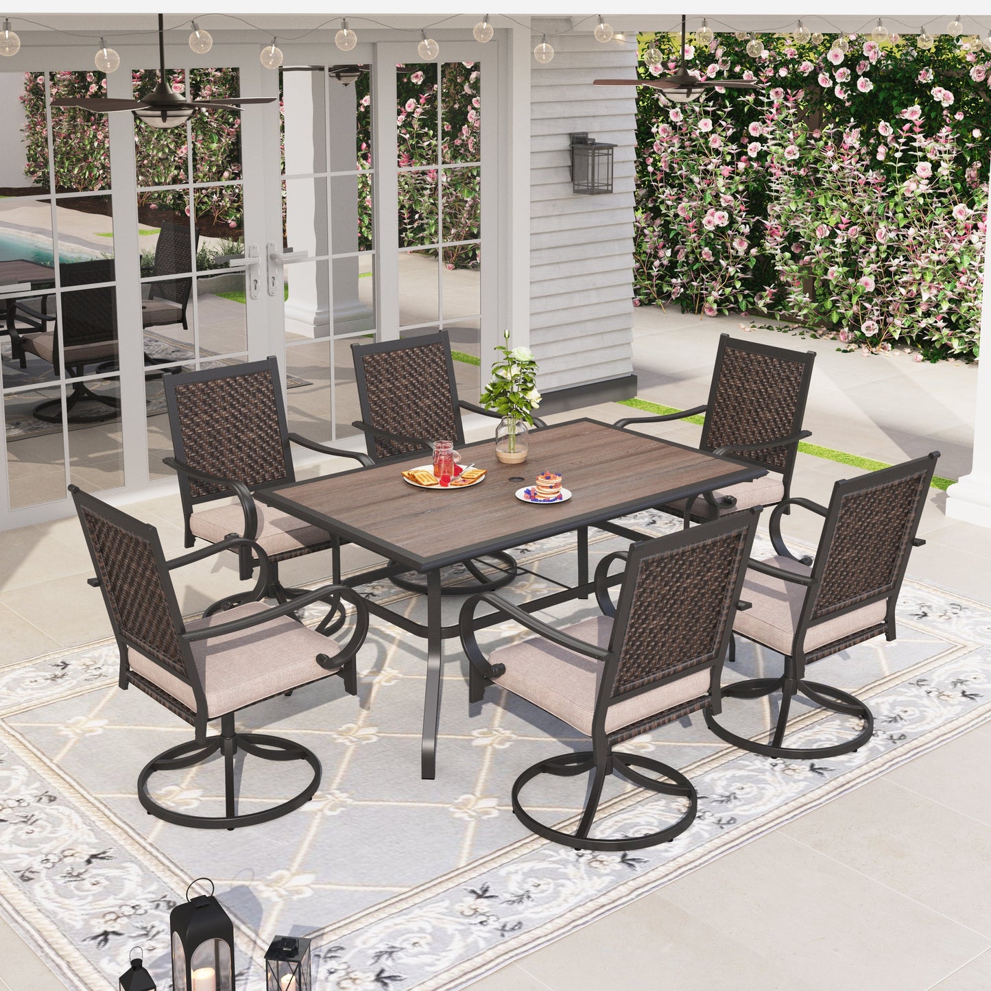 Sophia & William 7 Pieces Outdoor Patio Dining Set Wicker Swivel Chairs and Steel Table