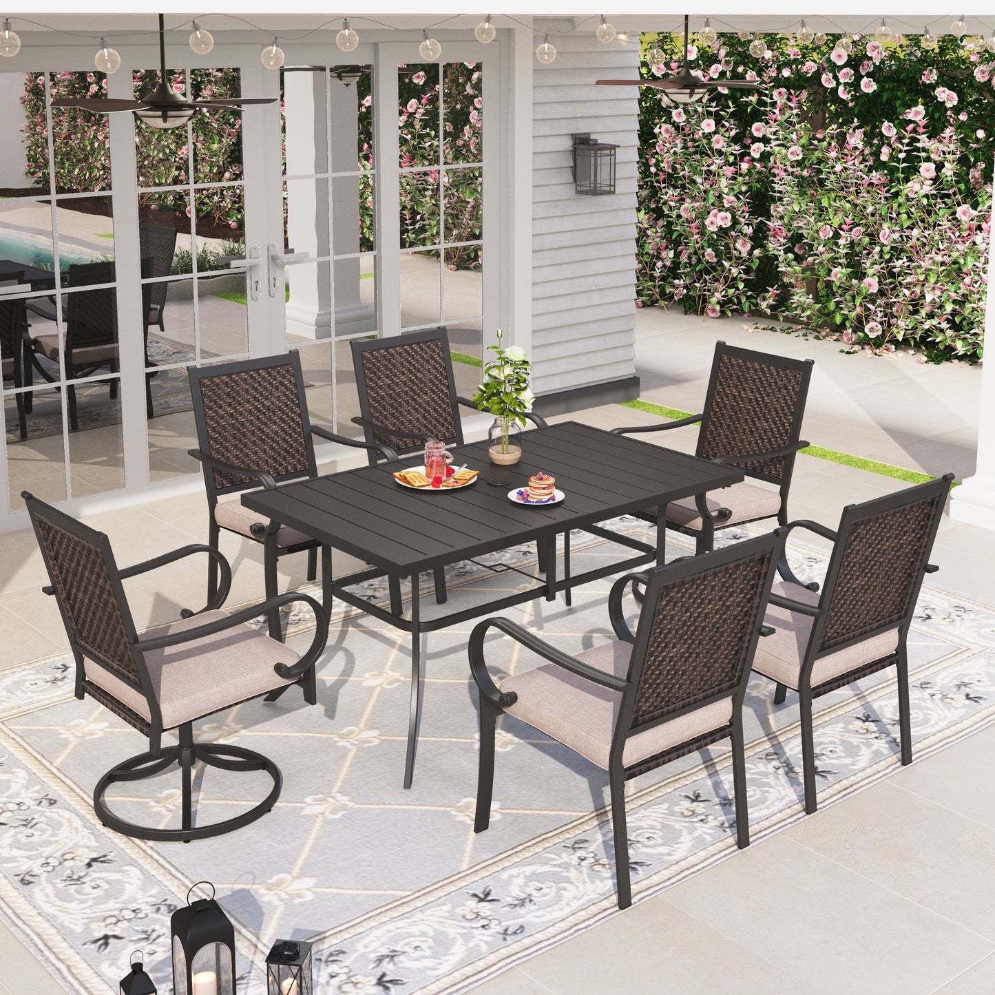 Sophia & William 7 Pieces Outdoor Patio Dining Set with 2 Swivel Wicker Chairs, 4 Fixed Wicker Chairs and 1 Rectangle Steel Table for 6-person