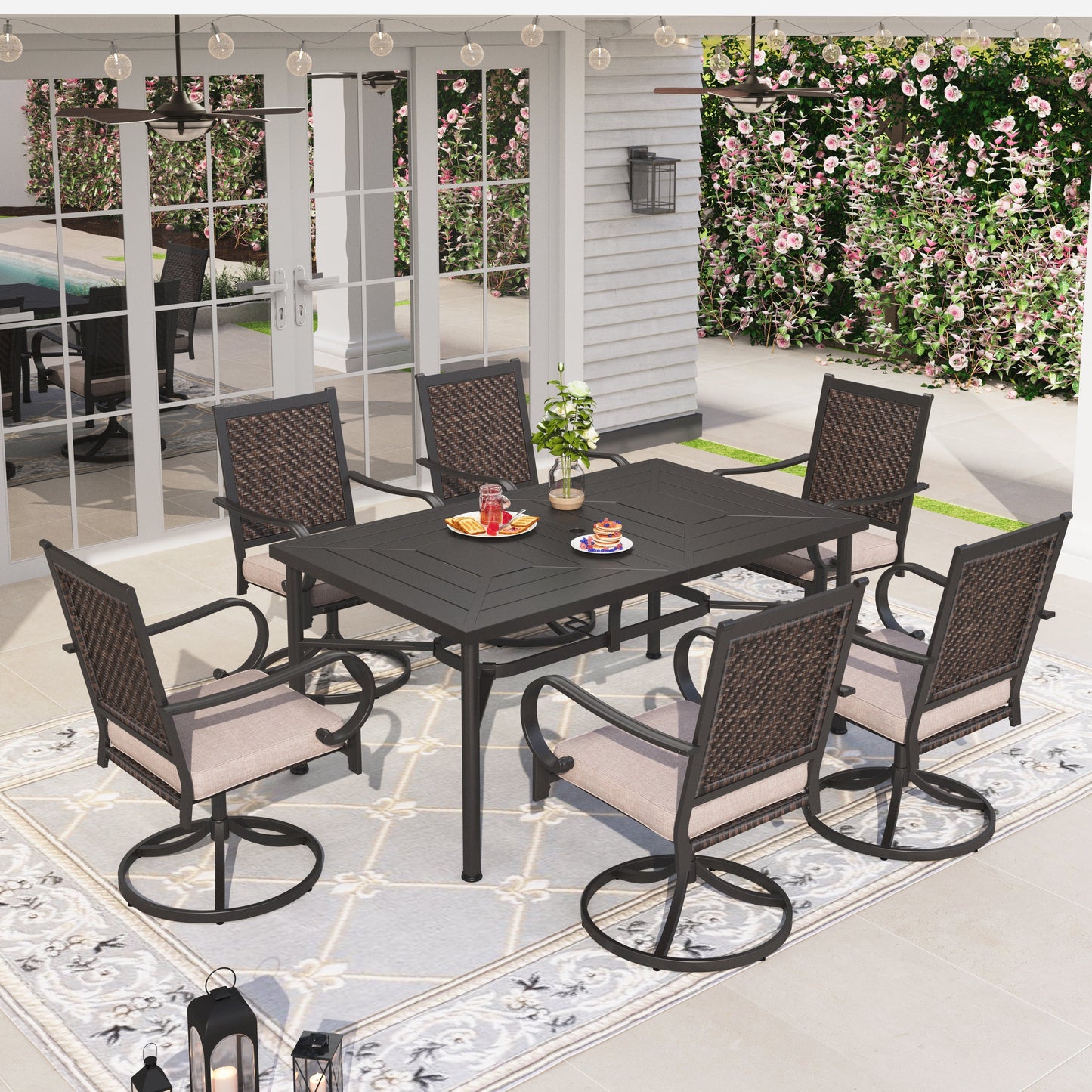 Sophia & William 7 Pieces Outdoor Patio Dining Set Wicker Swivel Chairs and Steel Table