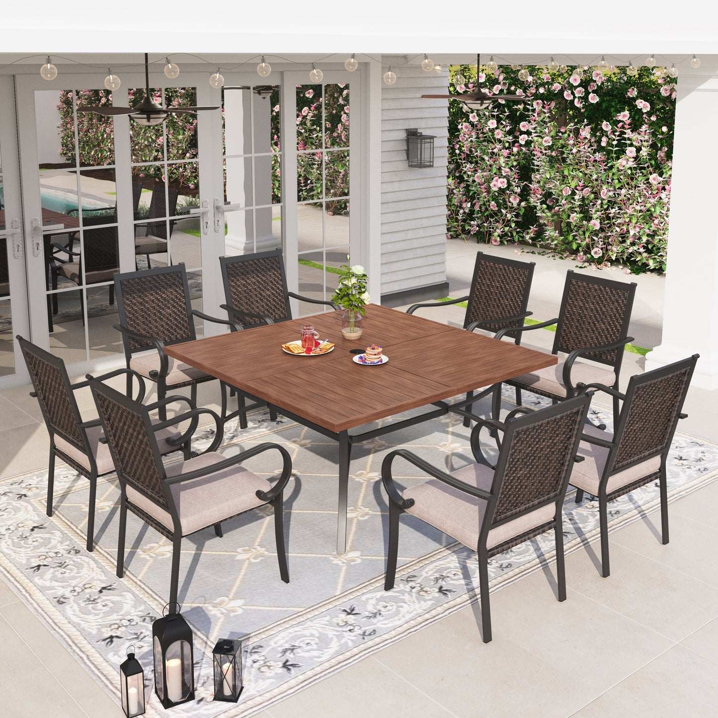 Sophia & William 9-piece Outdoor Patio Dining Set with Large Square Wood-like Metal Table and Wicker Rattan Chairs for 8-Person