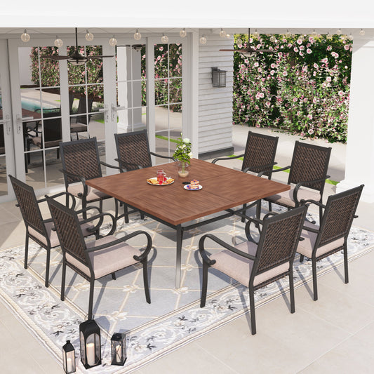 Sophia & William 9-piece Outdoor Patio Dining Set with Large Square Wood-like Metal Table and Wicker Rattan Chairs for 8-Person