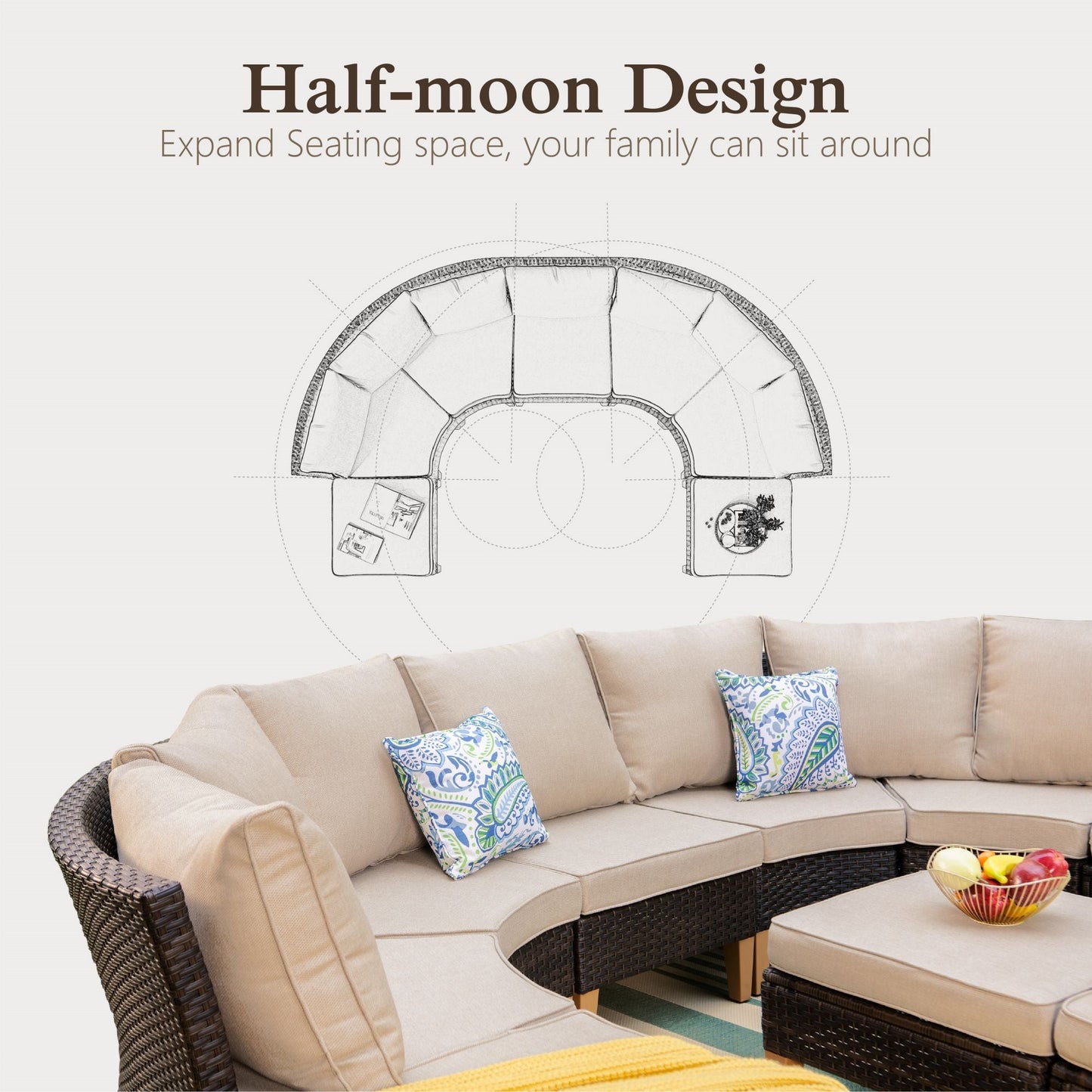 Alpha Joy 10 Pieces Outdoor Conversation Set with 56" Fire Pit Table Wicker Half-Moon Patio Furniture, Beige