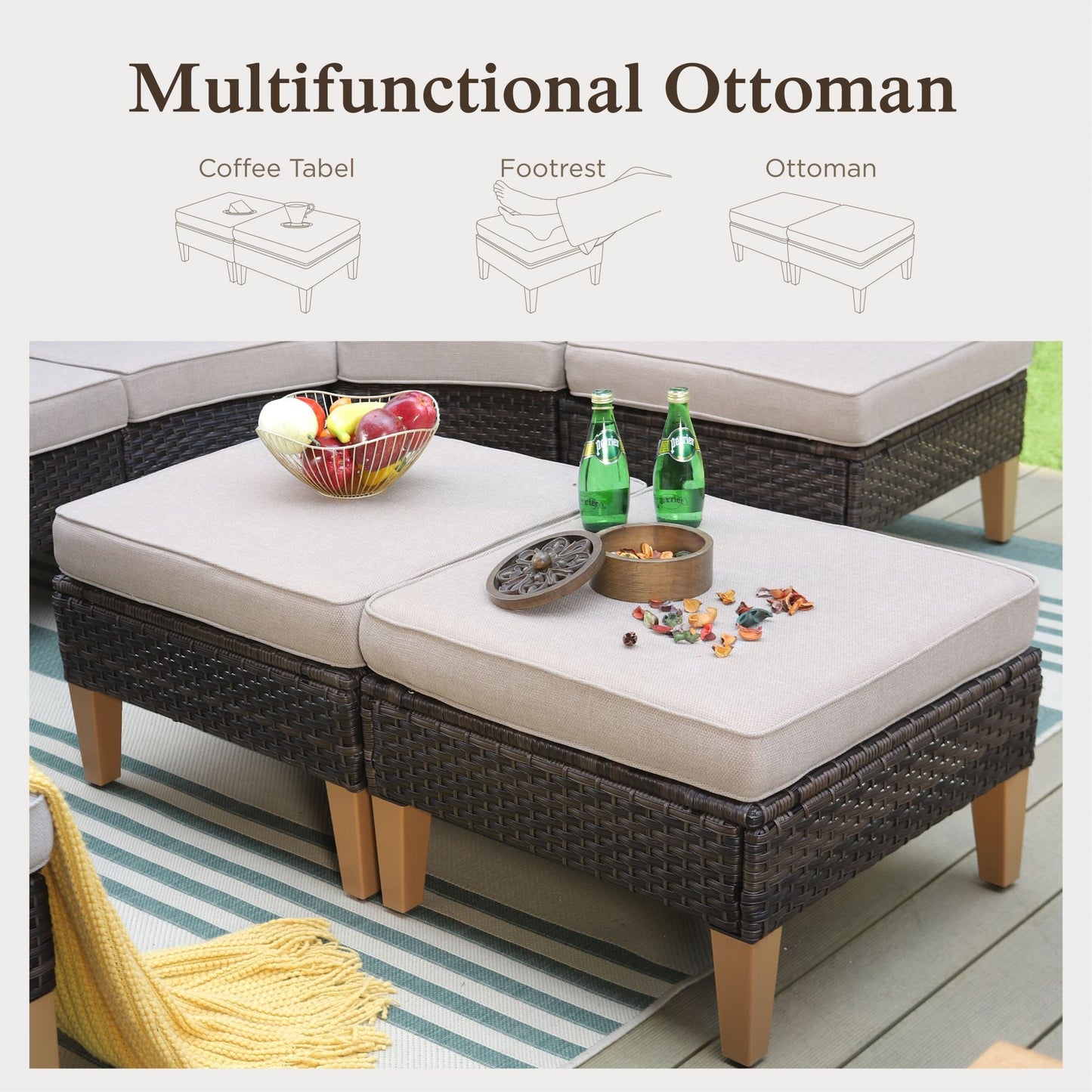 Alpha Joy 10 Pieces Outdoor Conversation Set with 56" Fire Pit Table Wicker Half-Moon Patio Furniture, Beige