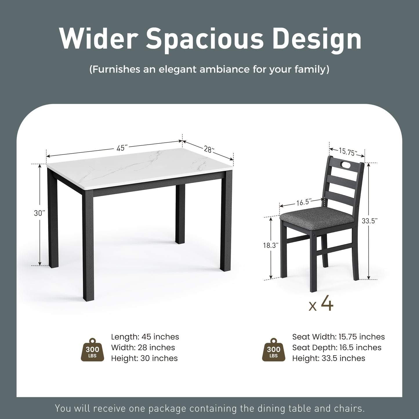 Alpha Joy Farmhouse Dining Table Set for 4, Faux Marble Rectangular Table with Solid Wood Paded Chairs