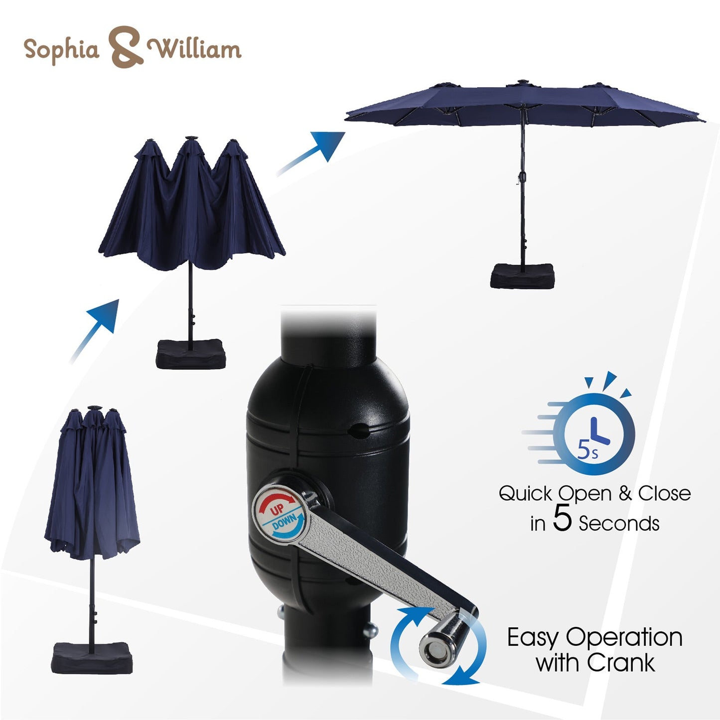 Sophia & William 15ft Patio Umbrella with Lights (Base Included), Extra Large Outdoor Double-sided Umbrella, Navy