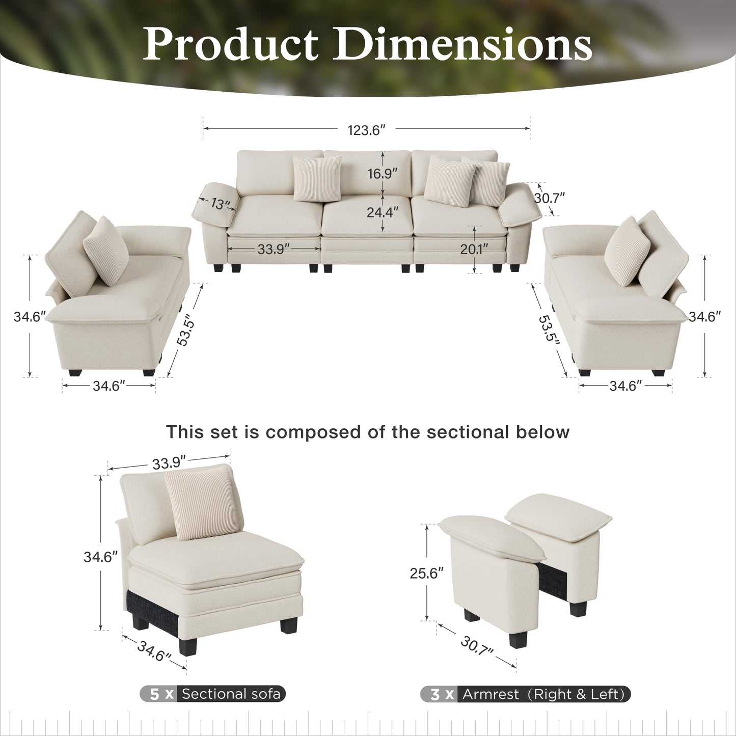 Sophia&William 123.6"L Modular Sectional Sofa Sets, Modern Cloud Couch 5-Seat 24.4"W Deep Sofa Sectional with 5 Pillows for Living Room,White
