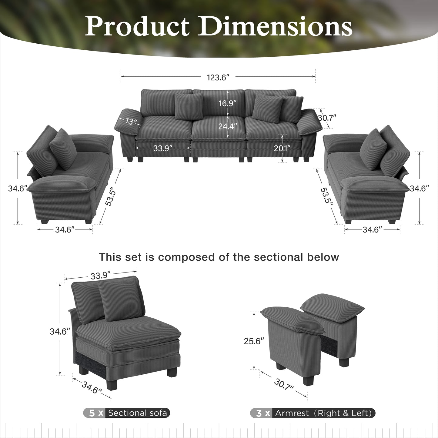 Sophia&William 123.6"L Modular Sectional Sofa Sets, Modern Corduroy Cloud Couch 5-Seat 24.4"W Sofa Sectional with Pillows for Living Room,Gray
