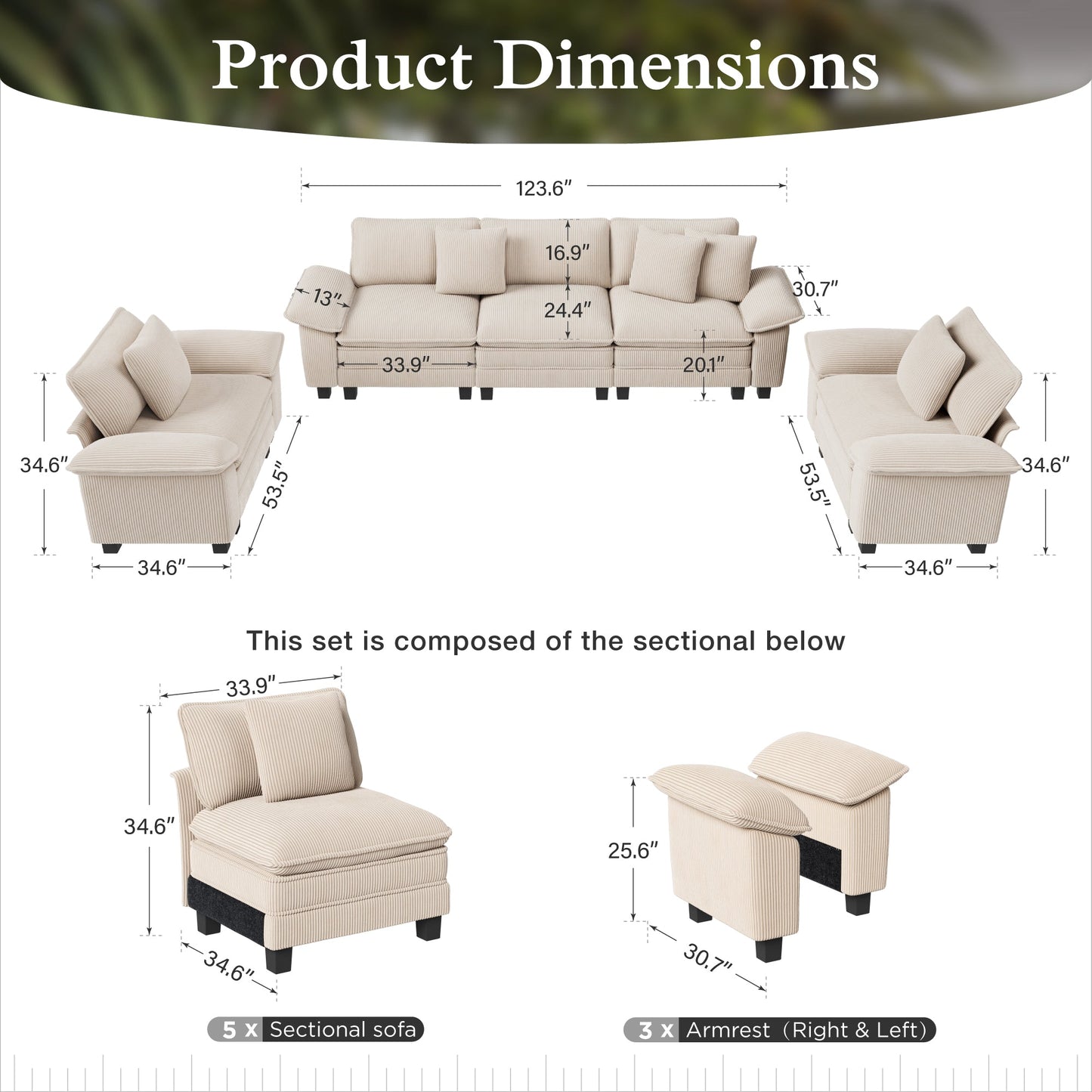 Sophia&William 123.6"L Convertible Sectional Sofa Couch, Modern Chenille Couch 5-Seat 24.4"W Deep Sofa Sectional with 5 Pillows for Living Room,Beige
