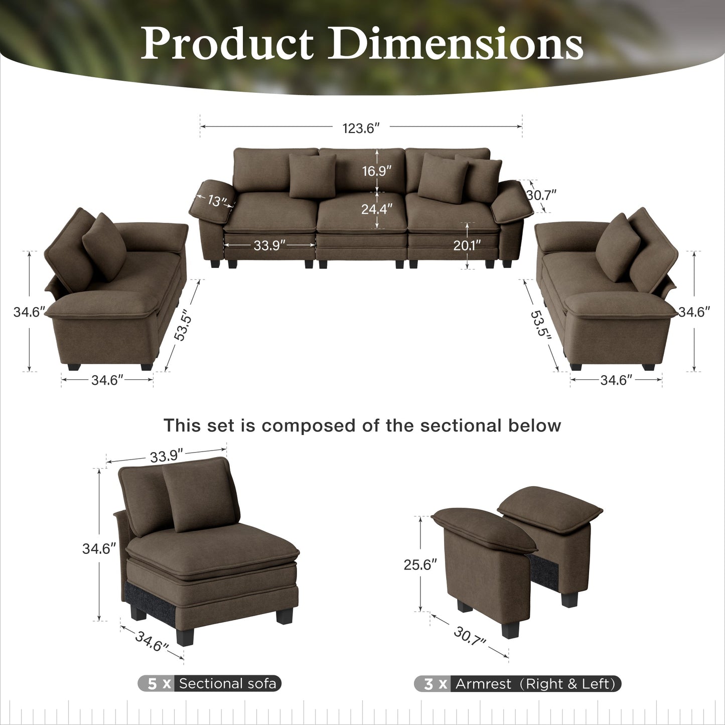 Sophia&William 123.6"L Convertible Sectional Sofa Couch, Modern Chenille Couch 5-Seat 24.4"W Deep Sofa Sectional with 5 Pillows for Living Room,Brown