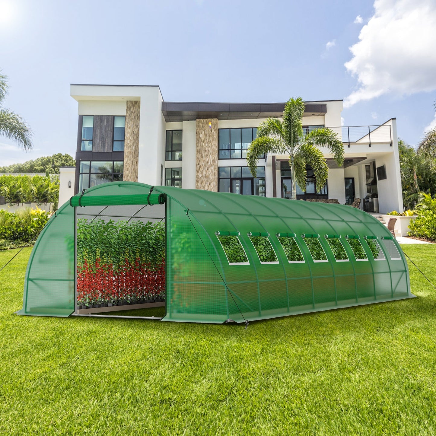 Sophia & William Patio Portable Large Walk-in Tunnel Greenhouse 12'x 26'x 6.6' Polytunnel with PE Mesh Fabric & Metal Frame, Green
