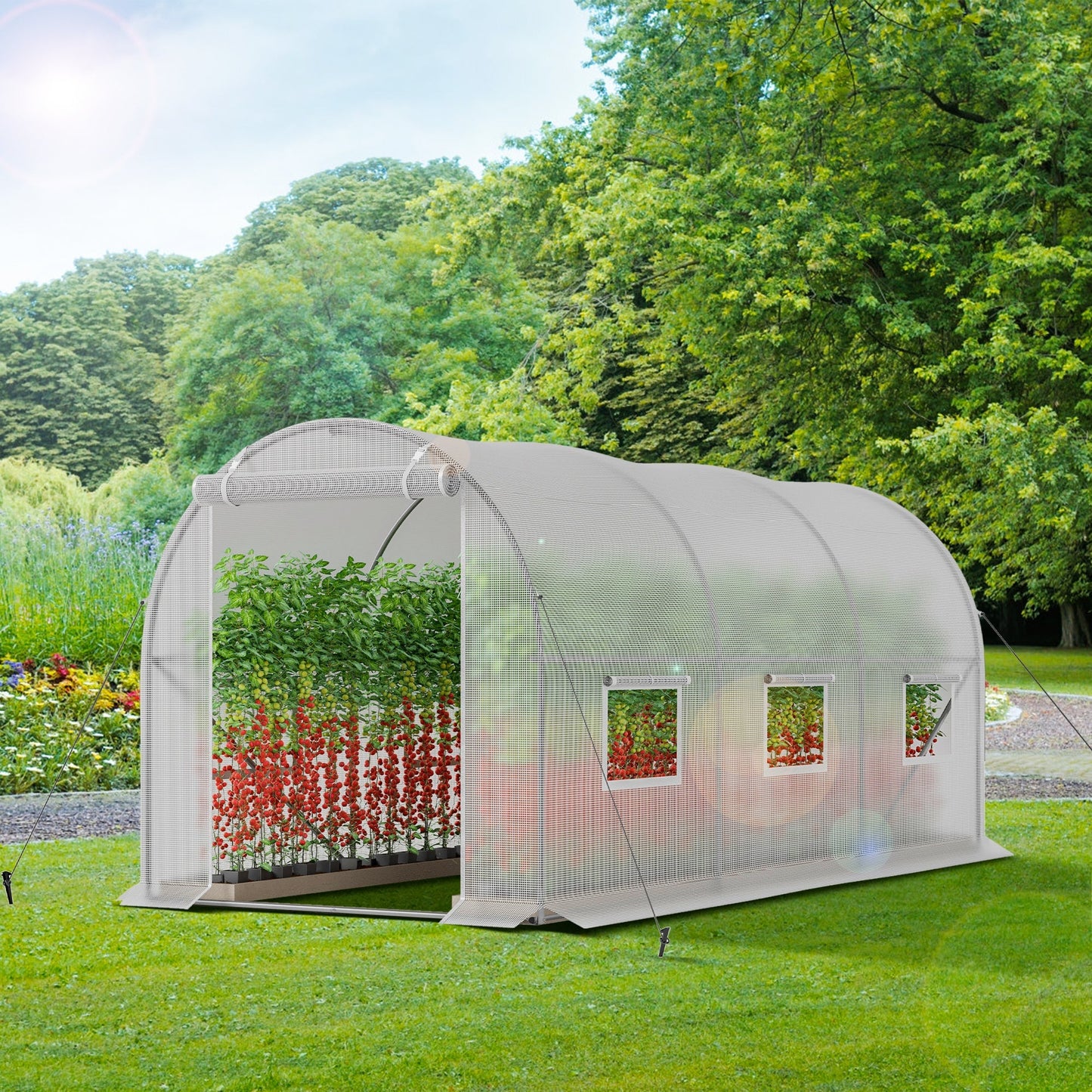 Sophia & William Patio Portable Walk-in Tunnel Greenhouse 6.6'x 15'x 6.6' Polytunnel with PE Mesh Fabric & Metal Frame, White